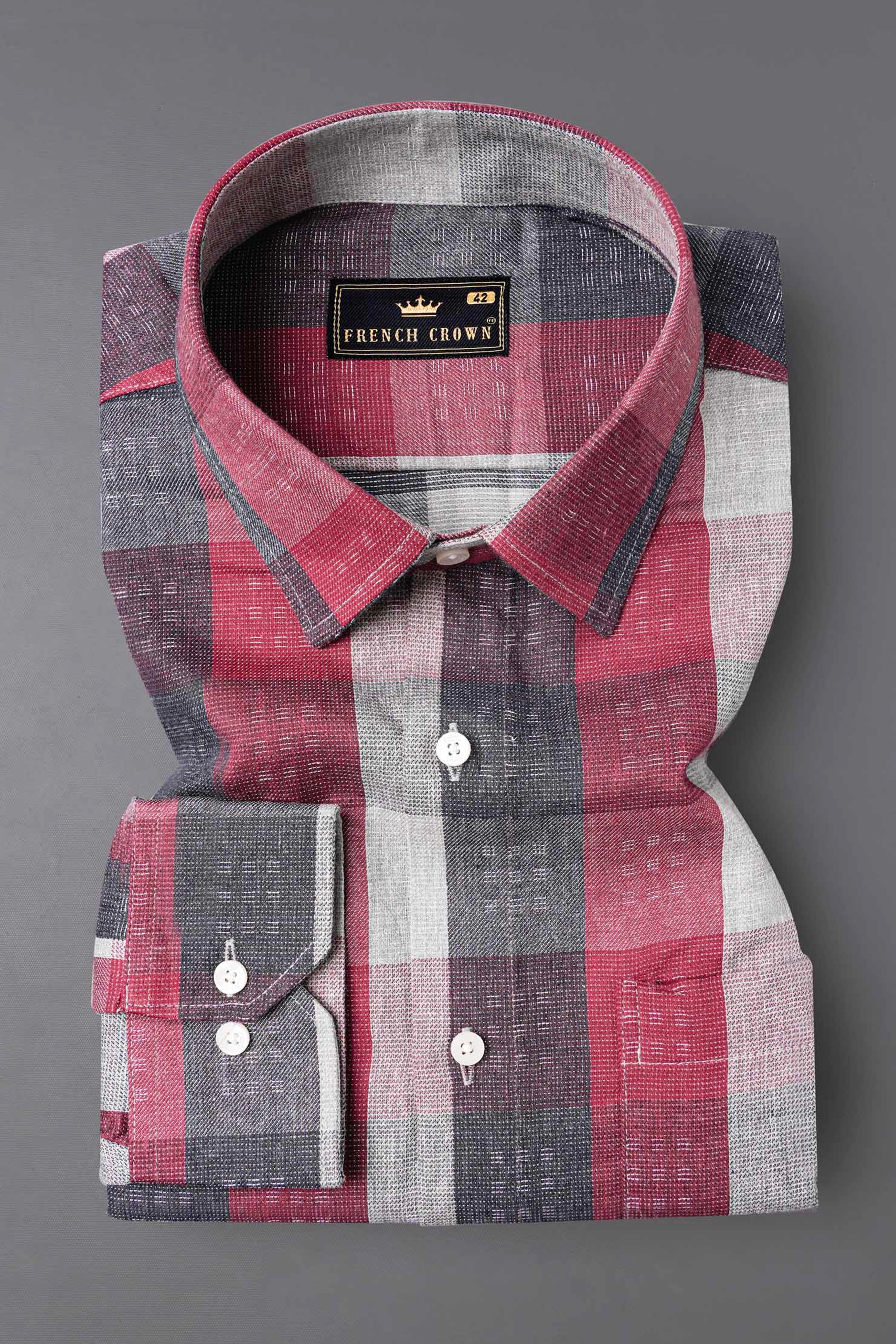 Copper Rust Red and Gainsboro Gray Plaid Dobby Textured Premium Giza Cotton Shirt