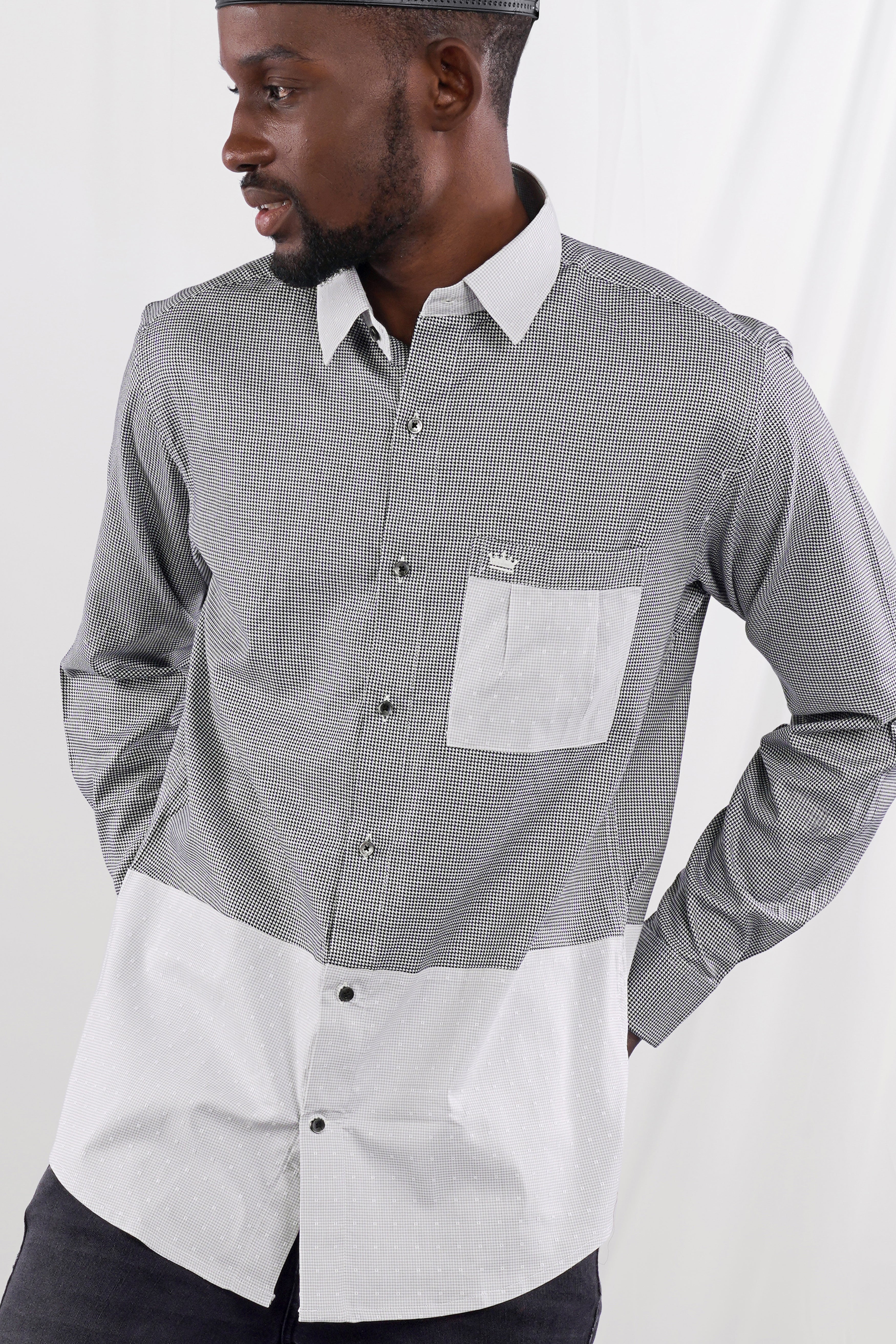 Outer Space Gray with Bright White Half and Half Houndstooth Textured Designer Shirt