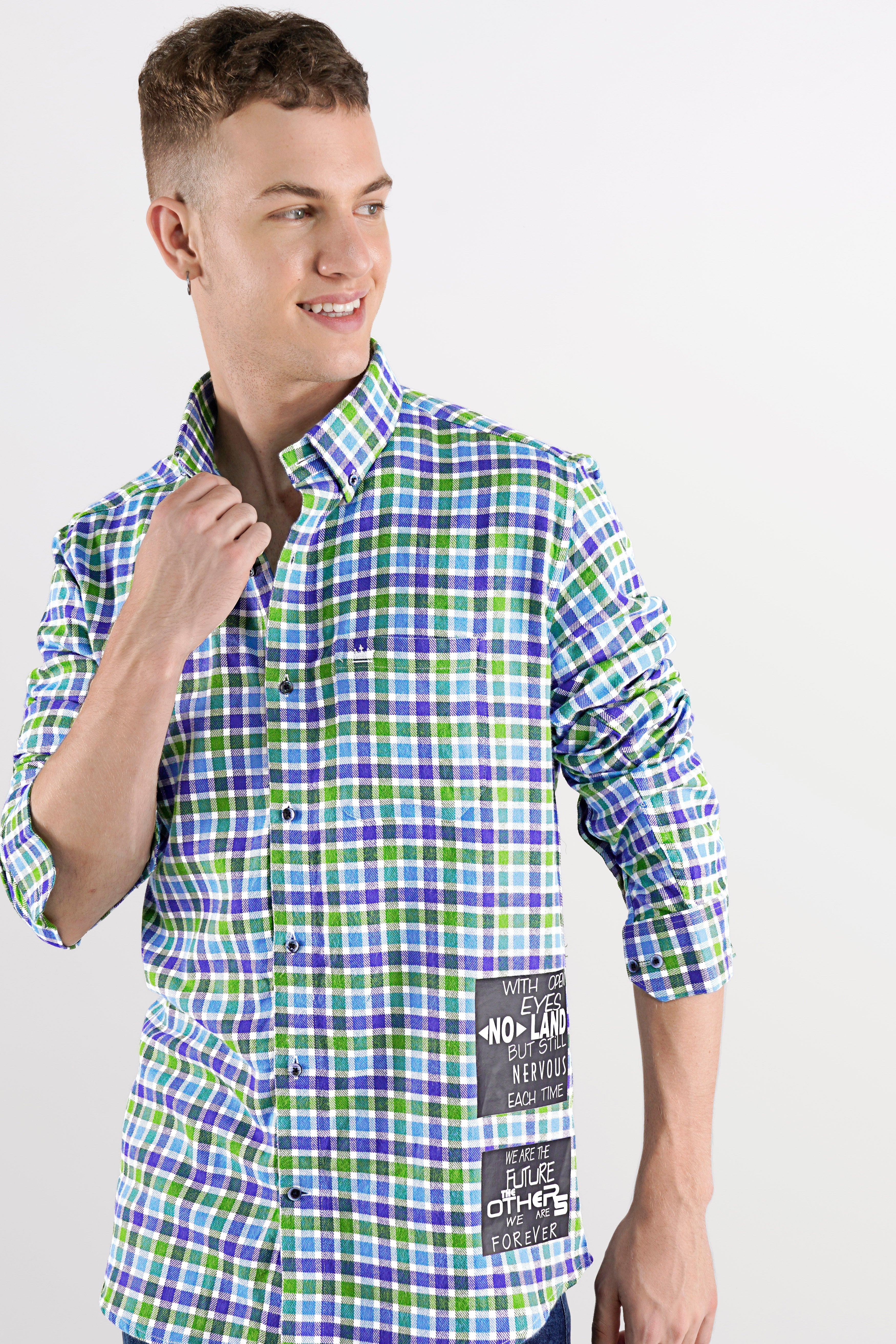 Camo Green with Gigas Blue Checkered Funky Printed Twill Premium Cotton Designer Shirt