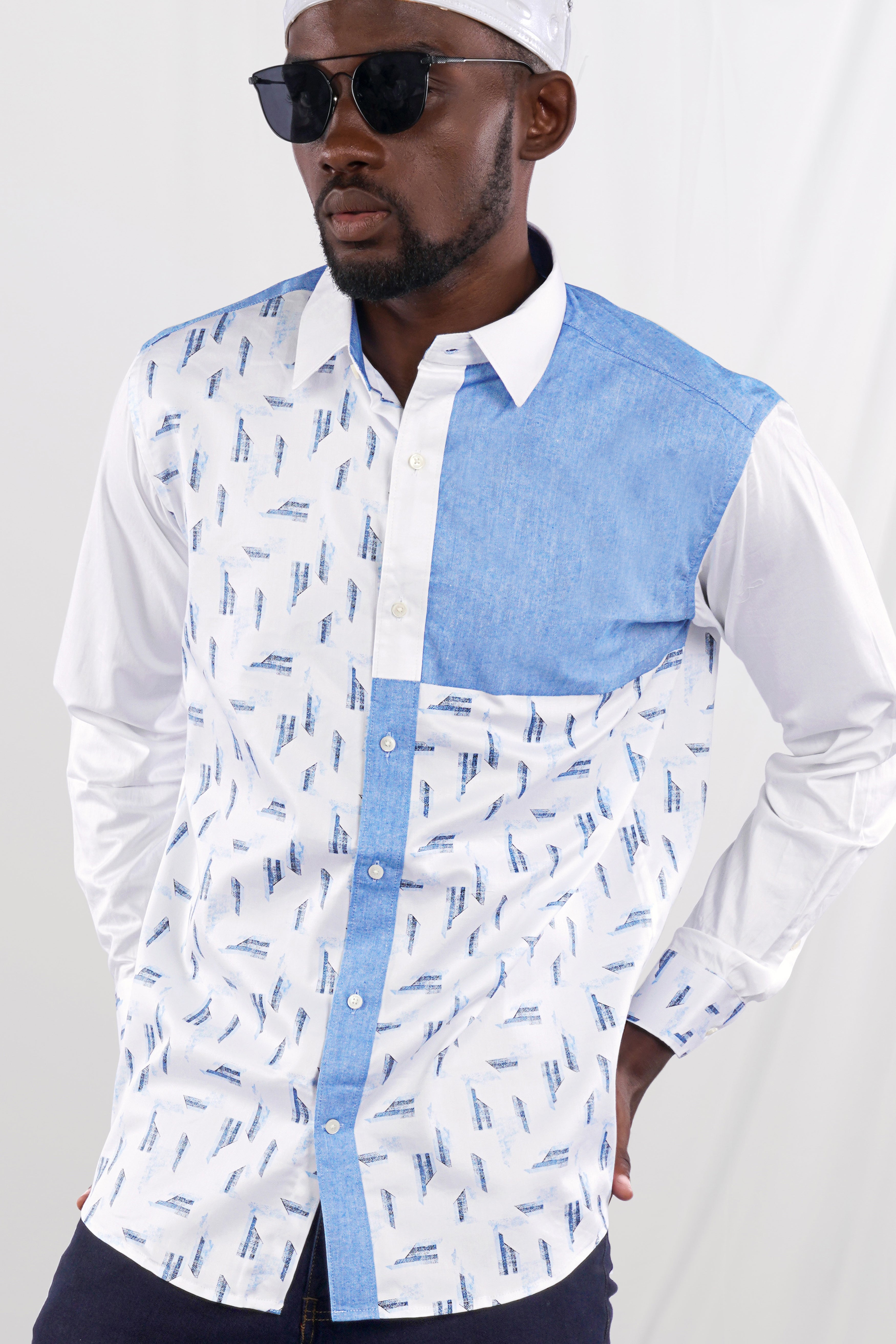 Bright White and Jordy Blue Printed Super Soft Premium Cotton Designer Shirt