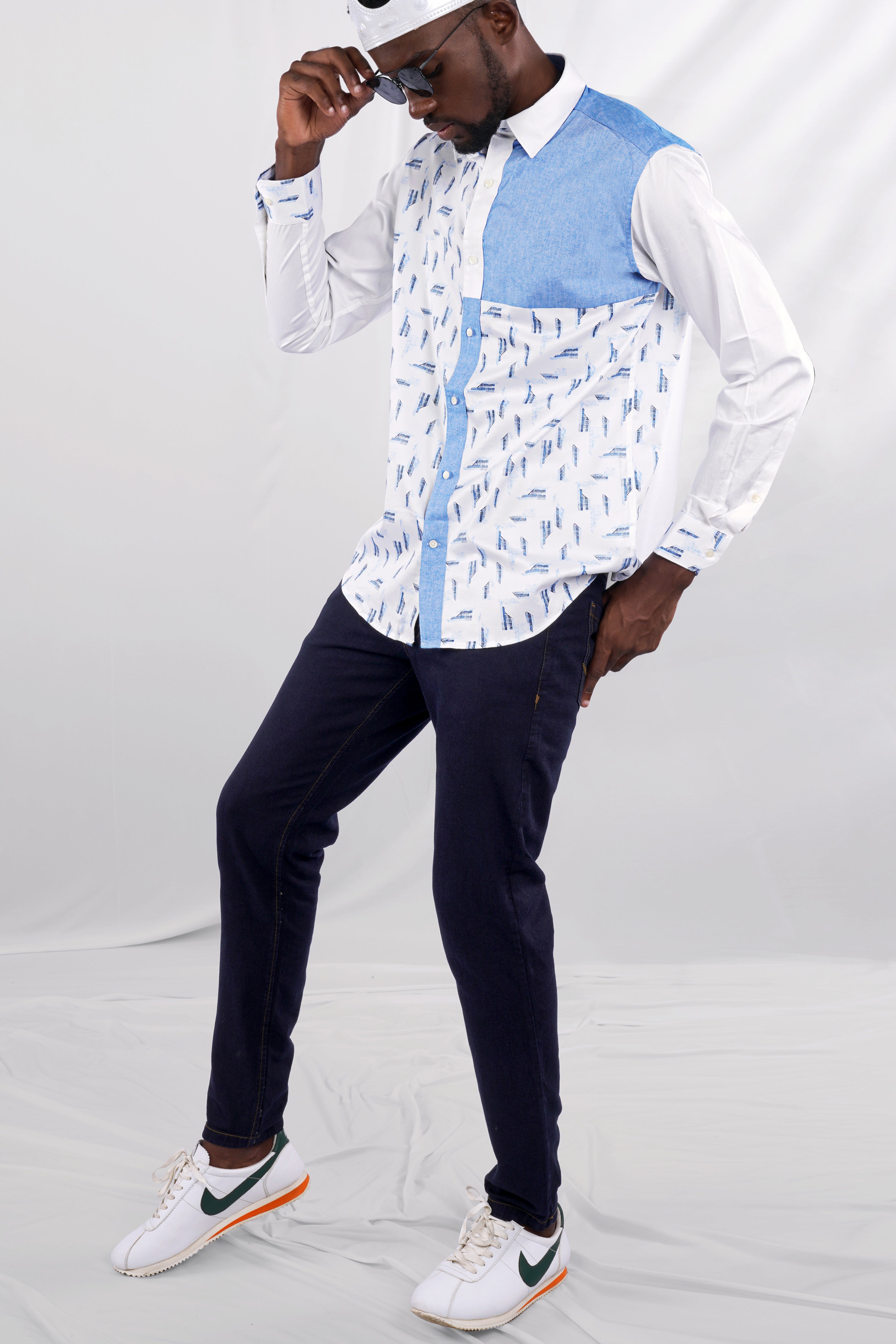 Bright White and Jordy Blue Printed Super Soft Premium Cotton Designer Shirt