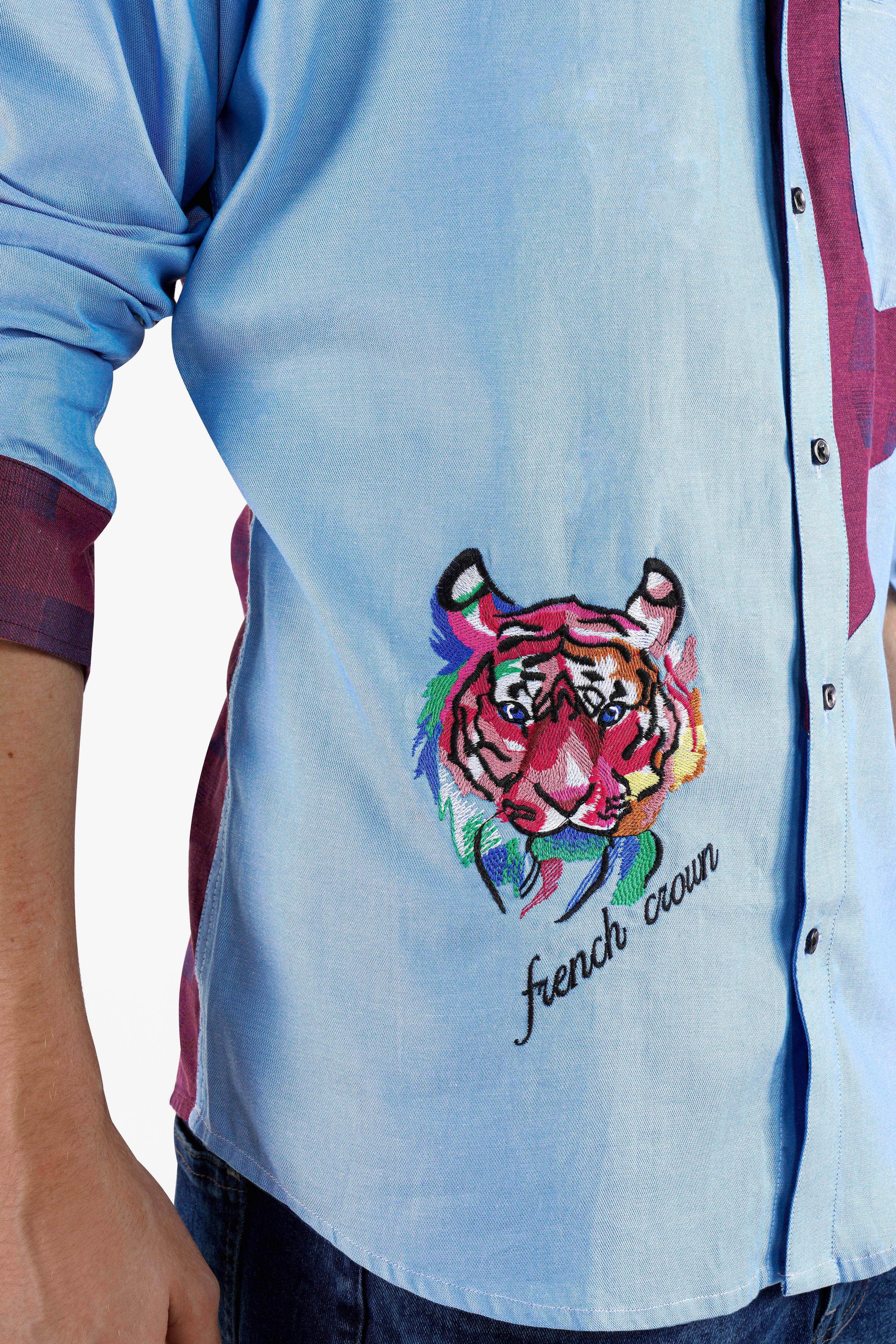 Casper Blue And Eclipse Wine Lion Embroidered Jacquard Textured Premium Cotton Designer Shirt