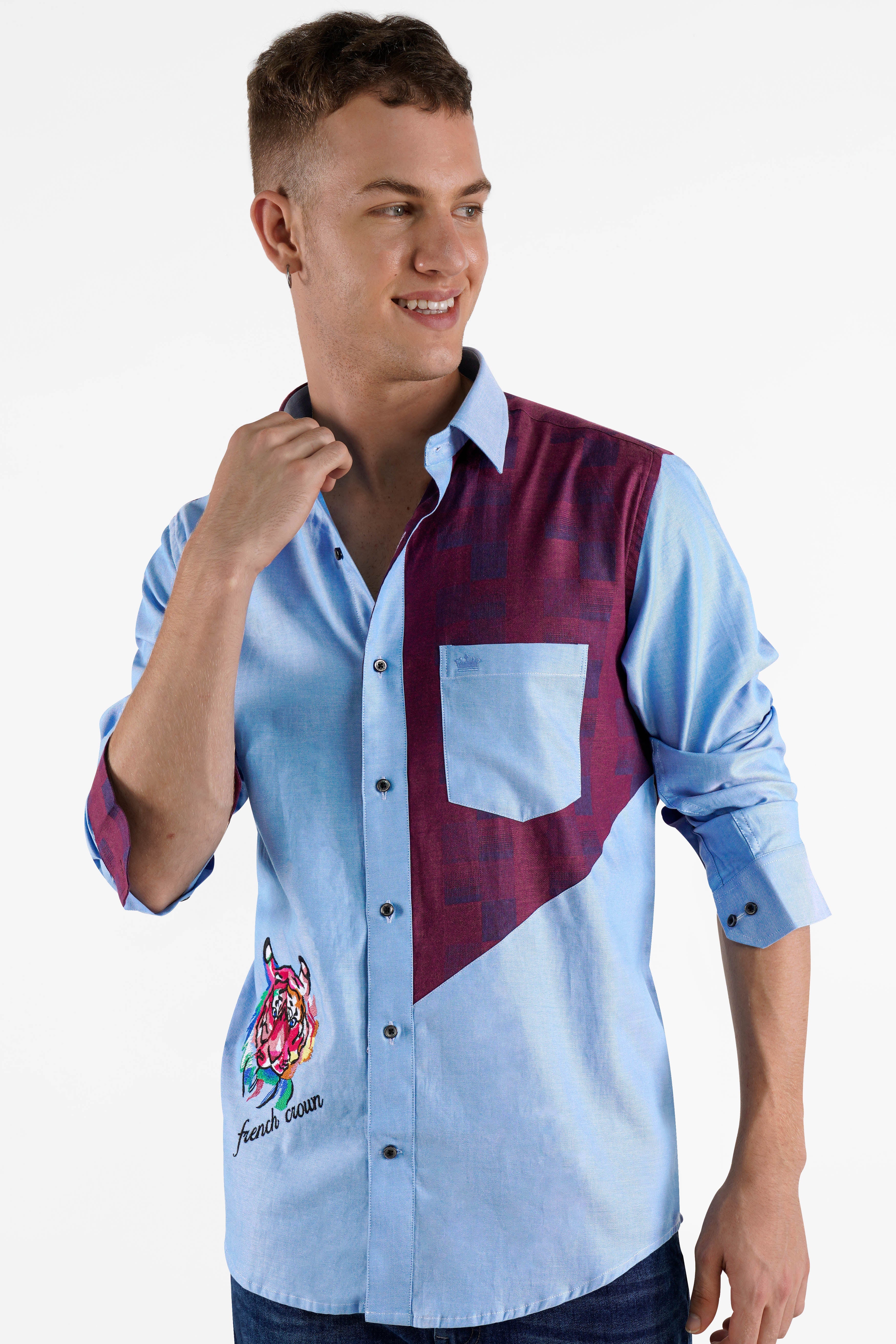 Casper Blue And Eclipse Wine Lion Embroidered Jacquard Textured Premium Cotton Designer Shirt