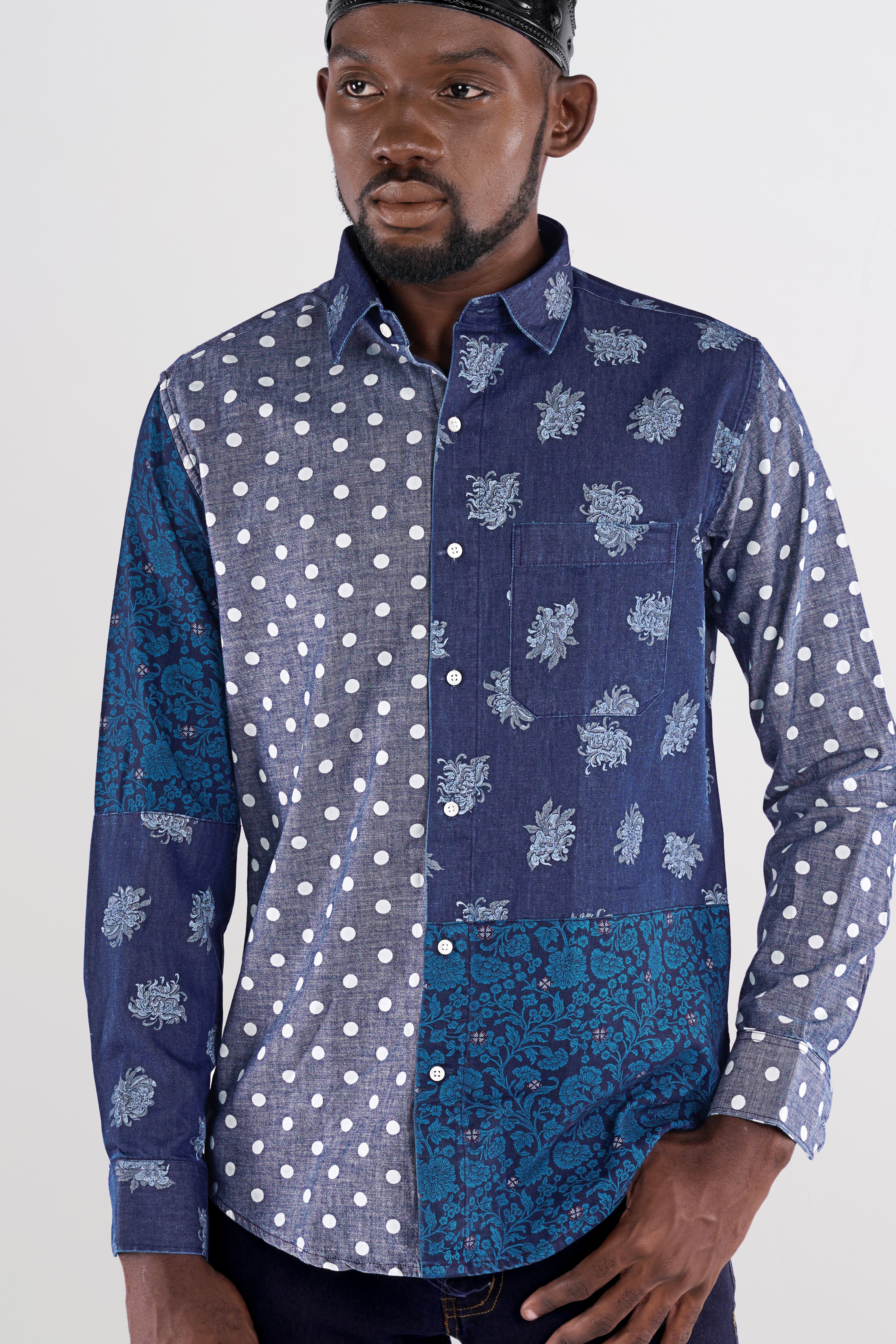 Gunpowder Blue Polka Dotted Chambray Textured Premium Cotton Designer denim Shirt