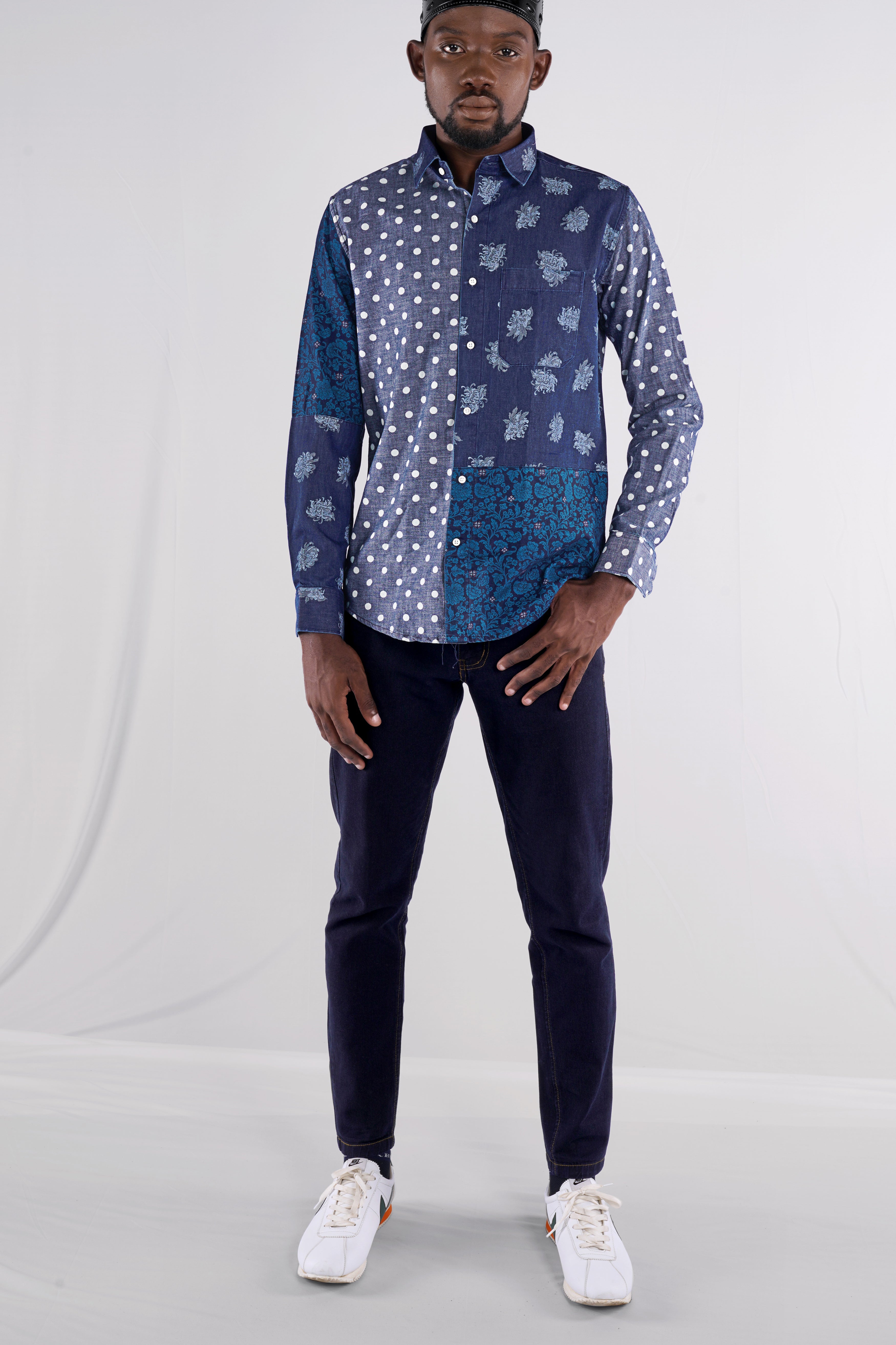 Gunpowder Blue Polka Dotted Chambray Textured Premium Cotton Designer denim Shirt