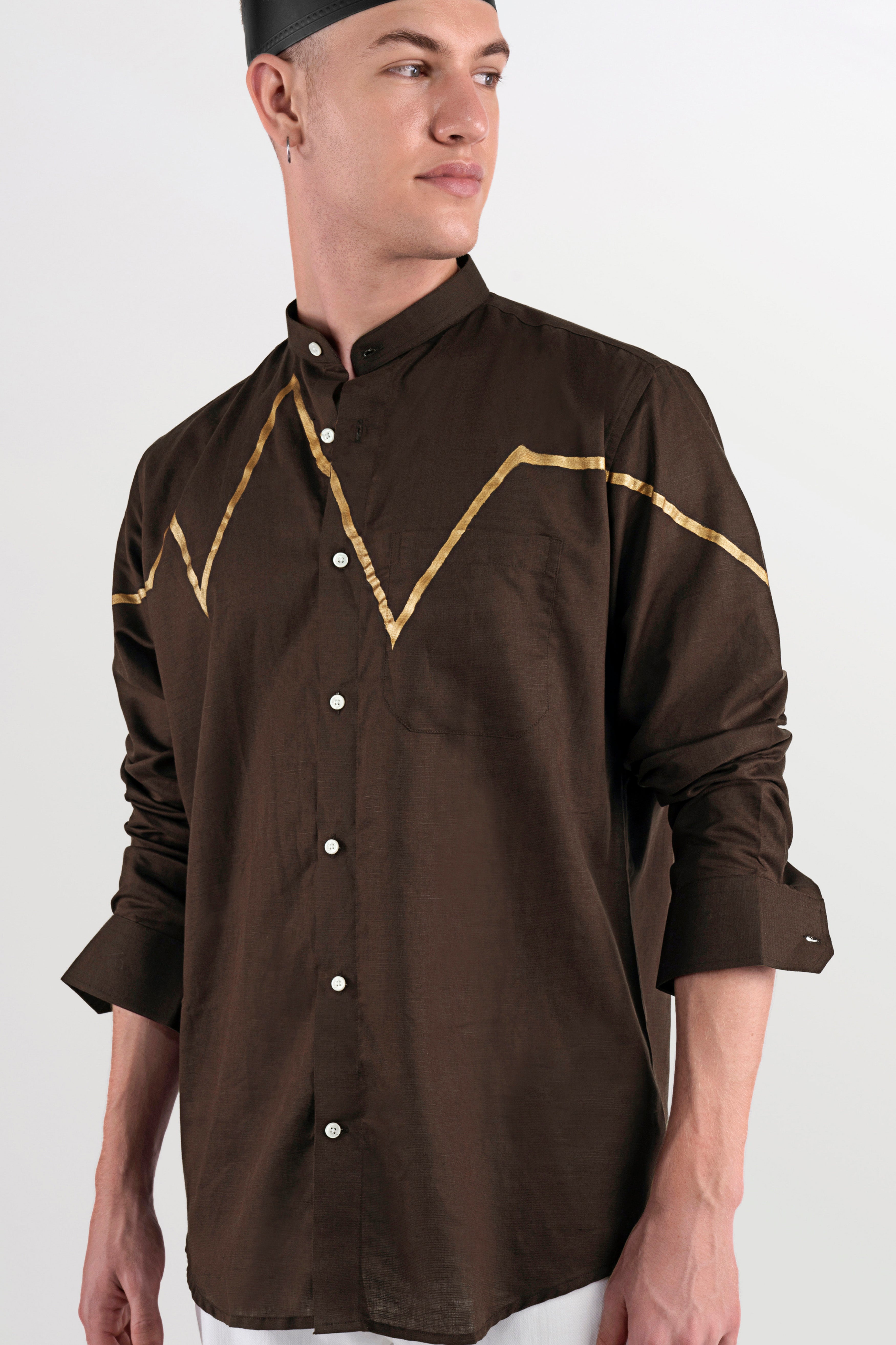 Walnut Brown Hand Painted Luxurious Linen Designer Shirt