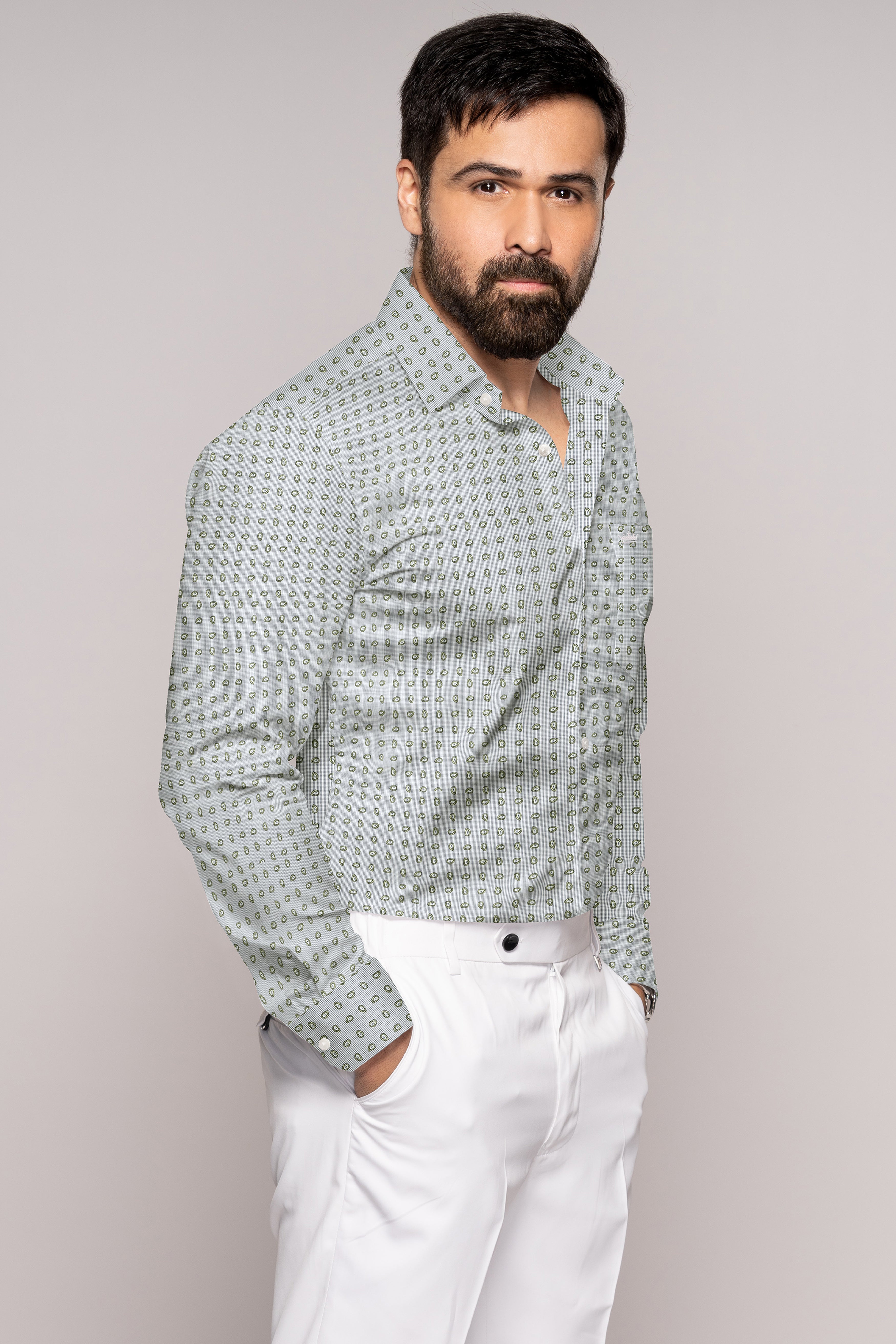 White And Jasmine Green Paisley Printed Premium Cotton Shirt