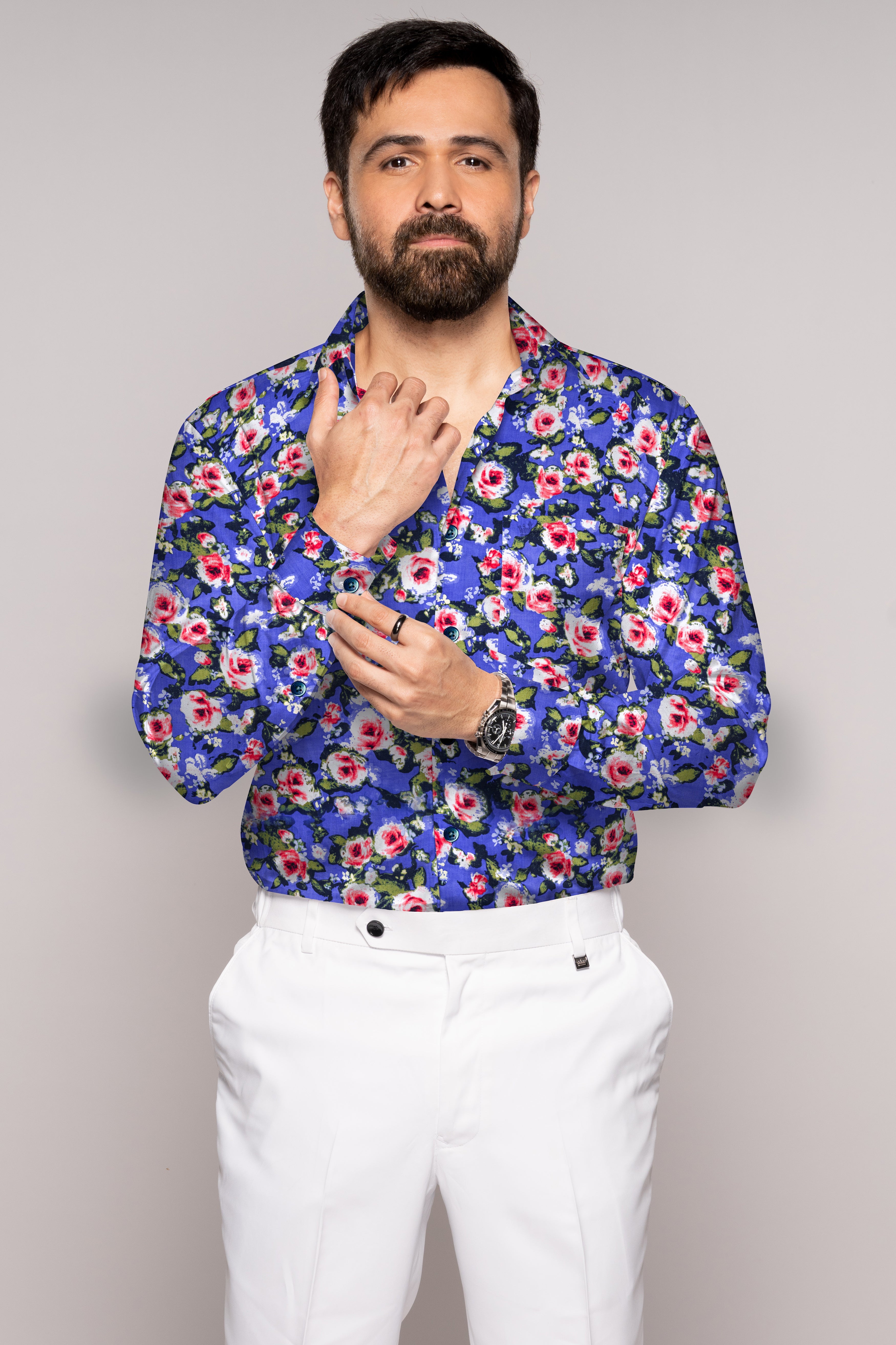 Medium Slate Blue Floral Printed Premium Cotton Shirt