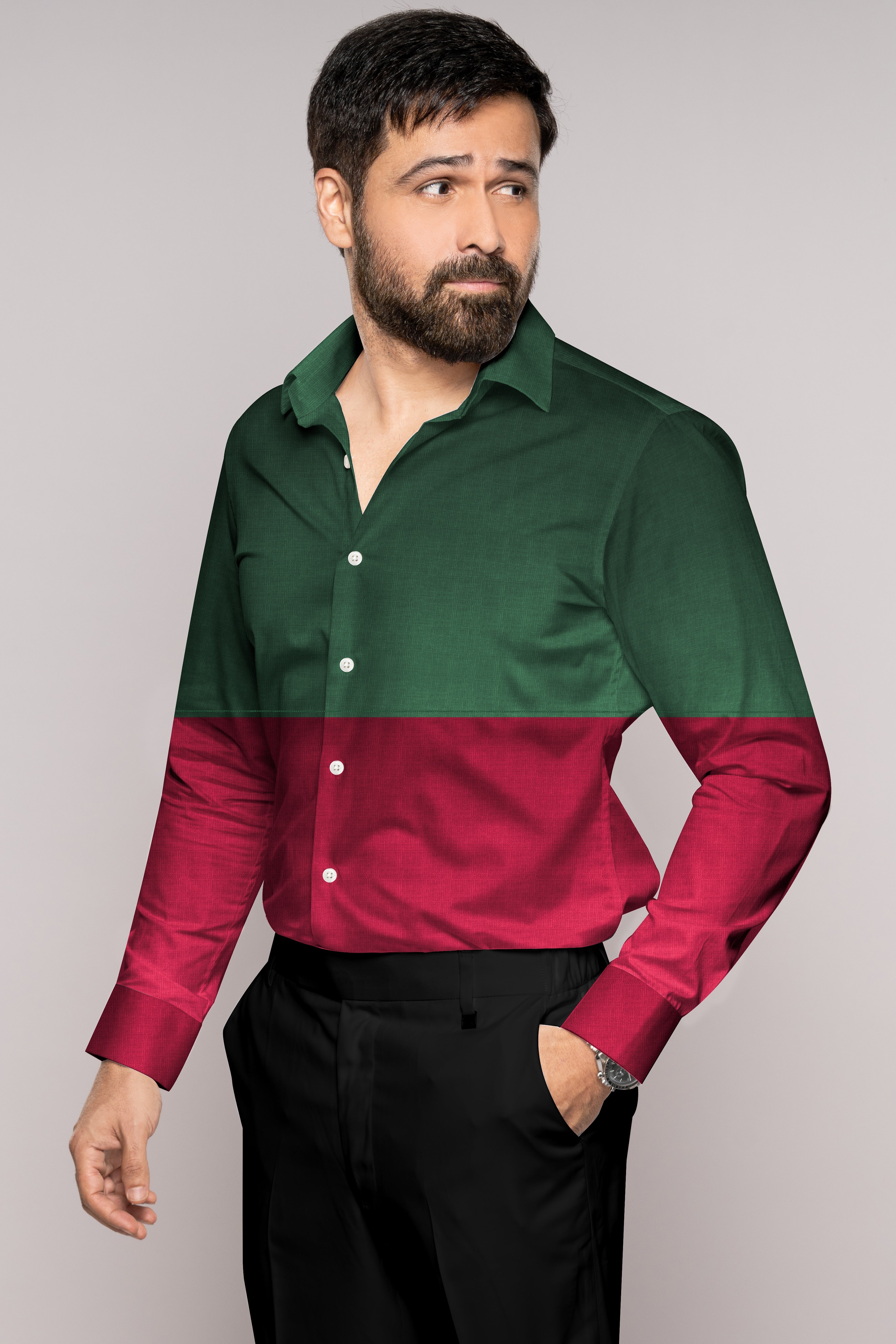 Everglade Green and Cardinal Pink Luxurious Linen Designer Shirt