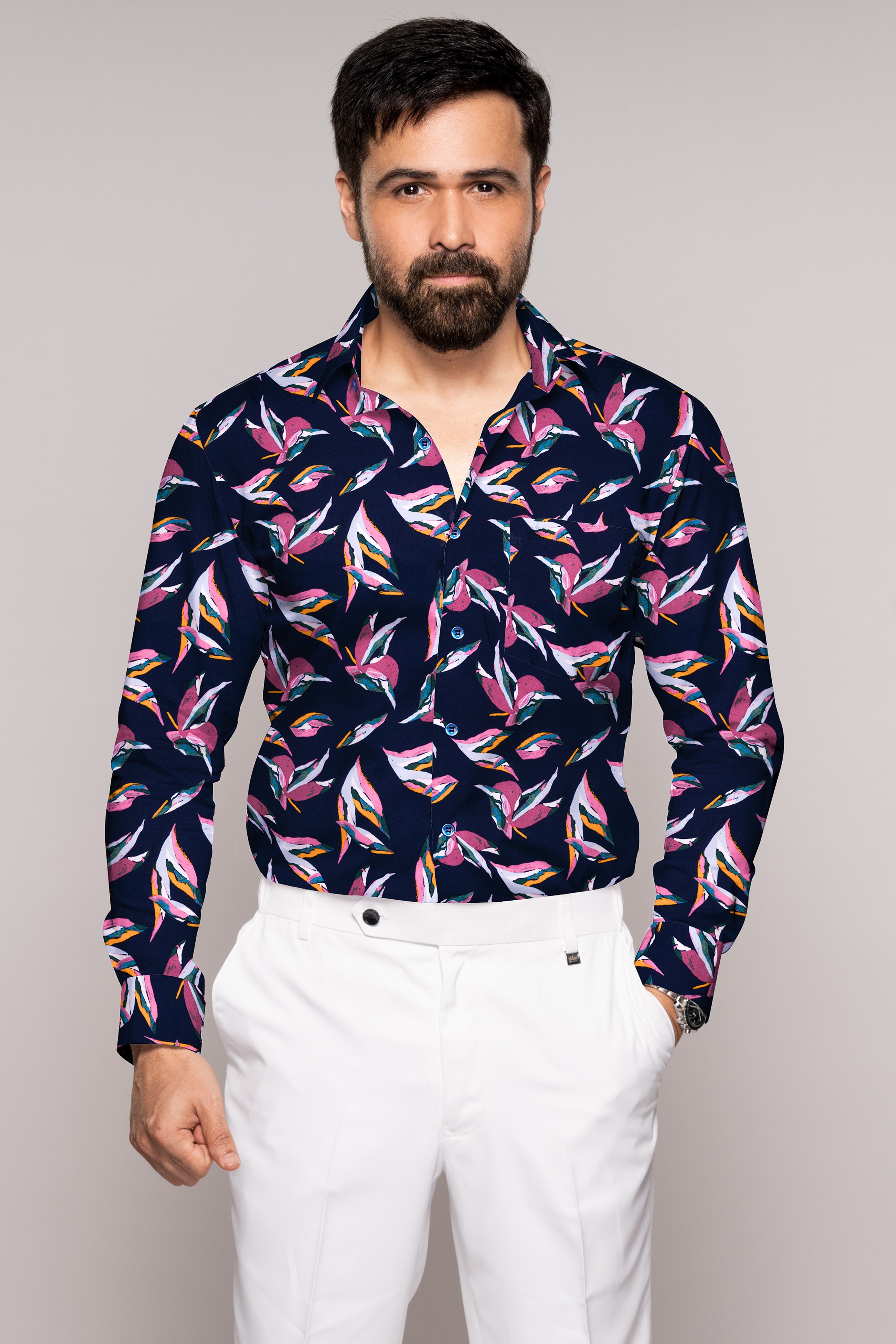 Mirage Blue With Fandango Pink Floral Printed Premium Tencel Shirt