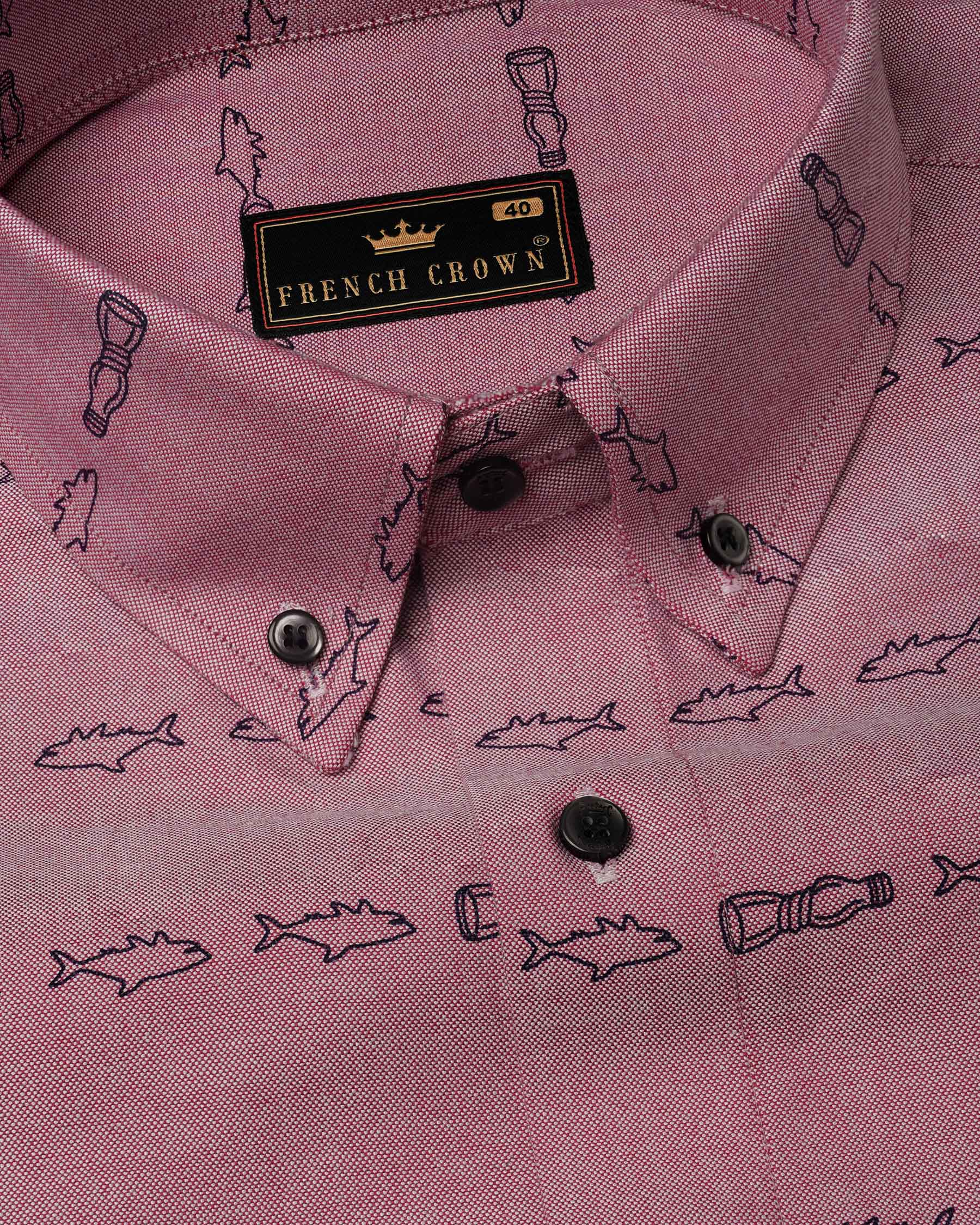 Falcon Pink With Navy Blue Fish Printed Royal Oxford Shirt