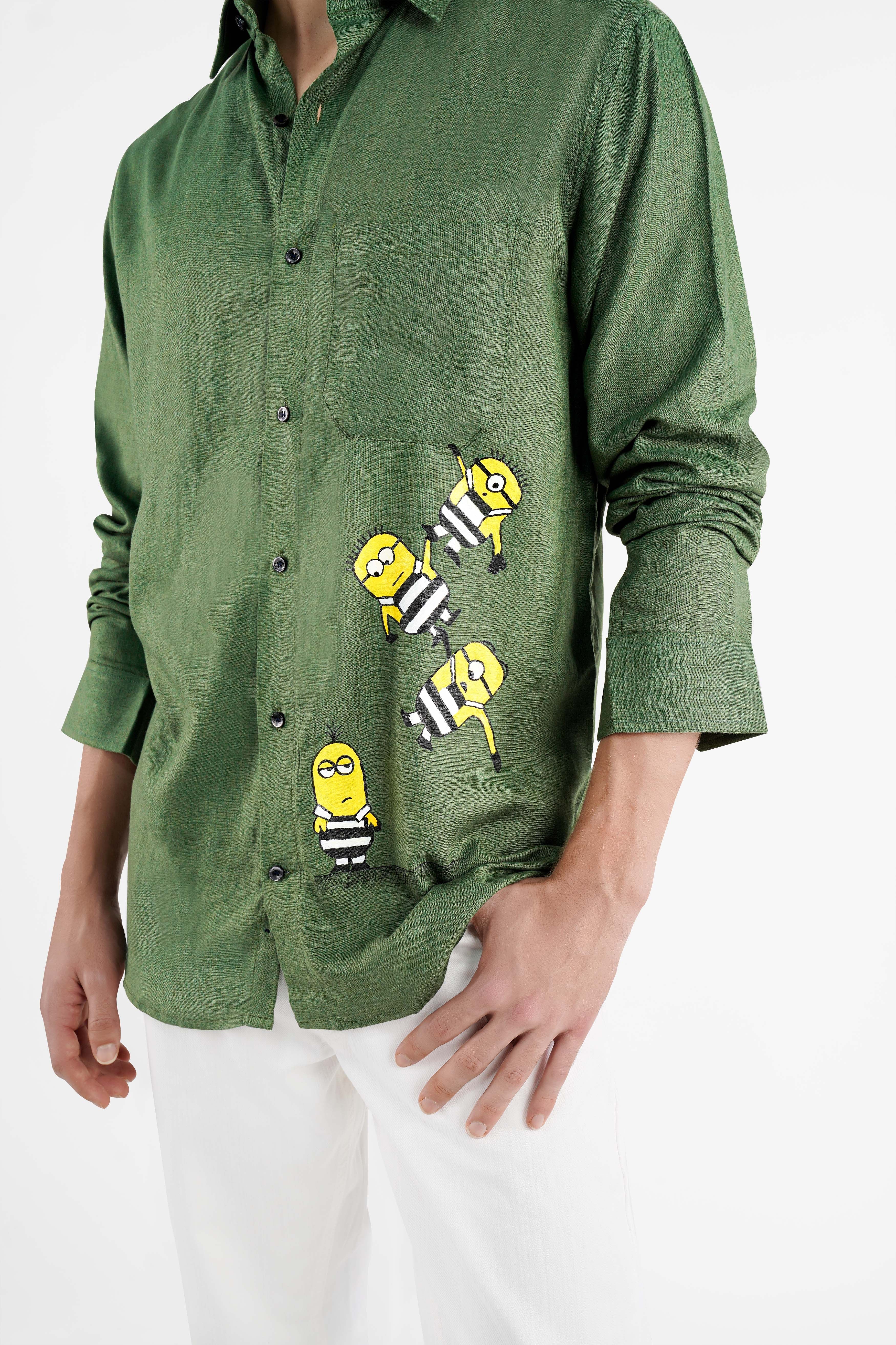 Finch Green Minion Hand Painted Luxurious Linen Designer Shirt