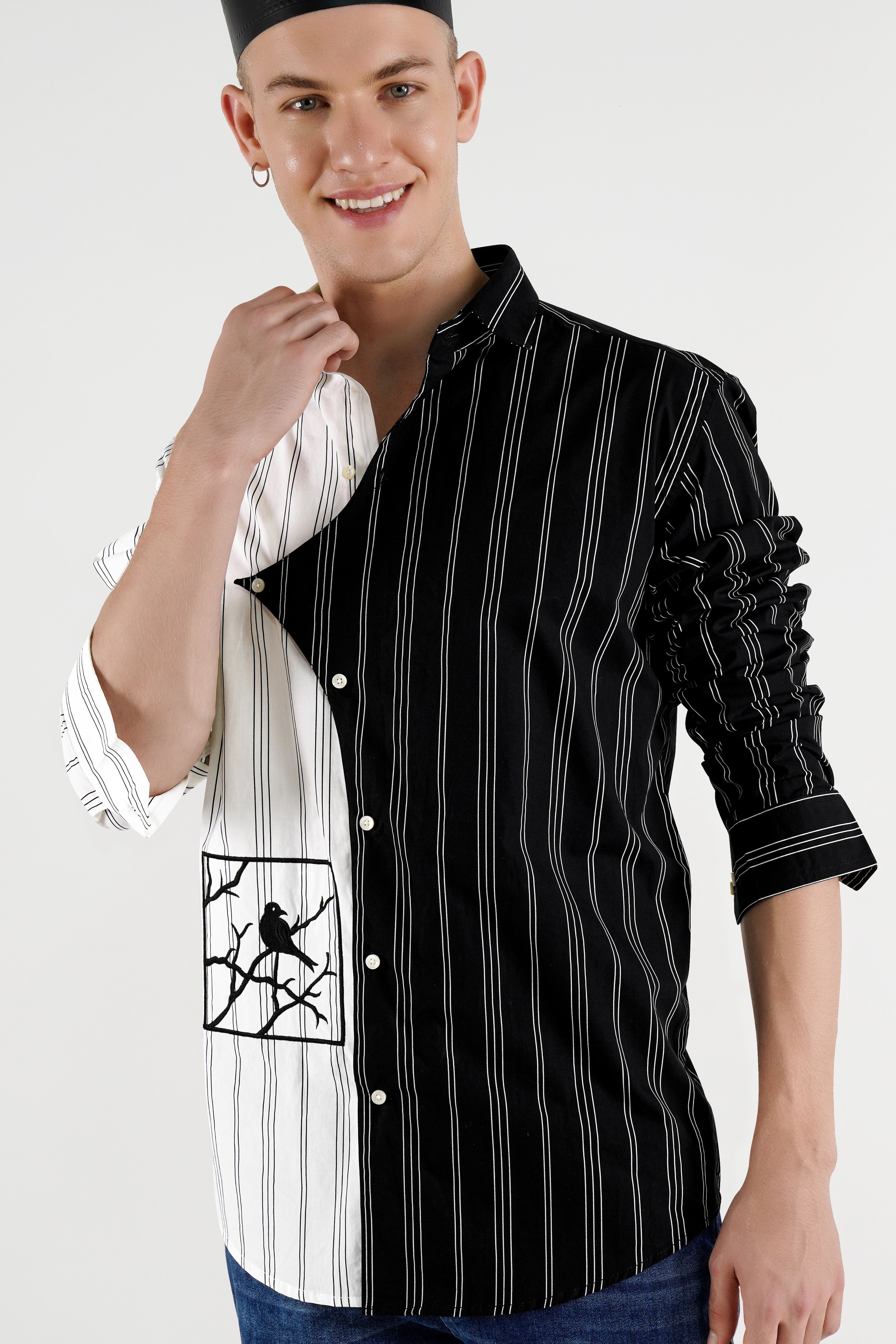 Half Withe with Half Black Pinstriped  Embellished with Embroidered Work Premium Cotton Designer Shirt