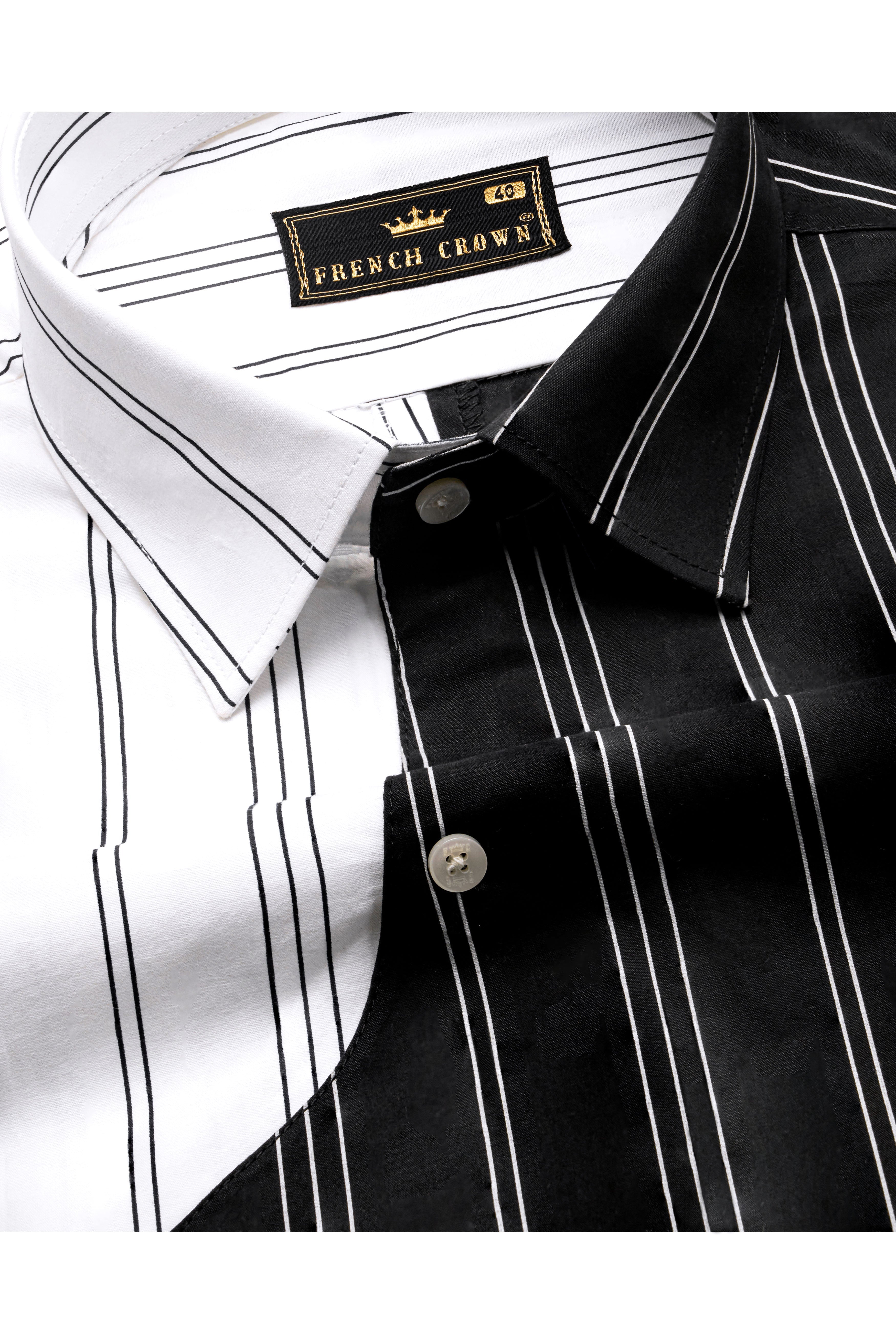 Half Withe with Half Black Pinstriped  Embellished with Embroidered Work Premium Cotton Designer Shirt