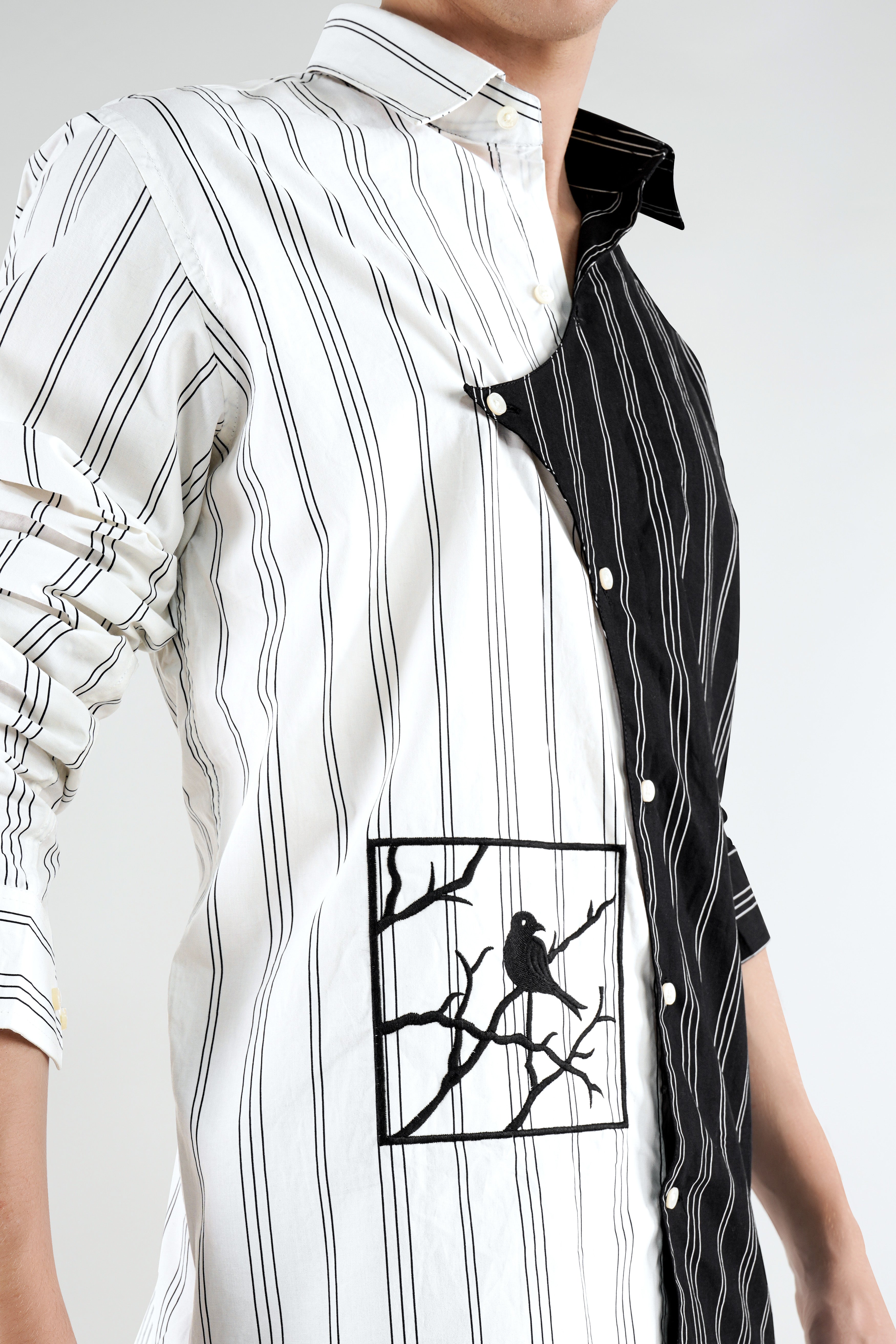 Half Withe with Half Black Pinstriped  Embellished with Embroidered Work Premium Cotton Designer Shirt