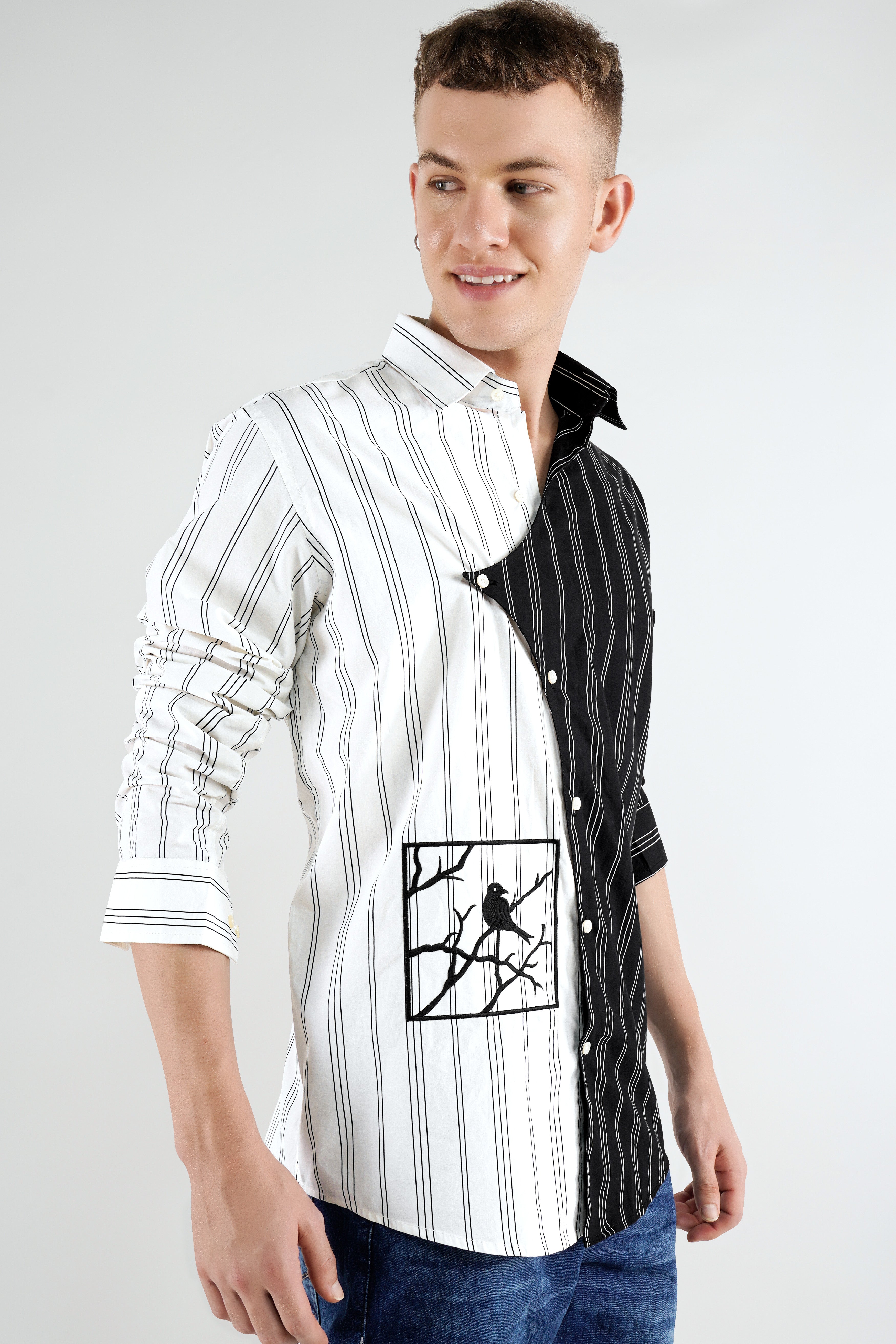 Half Withe with Half Black Pinstriped  Embellished with Embroidered Work Premium Cotton Designer Shirt