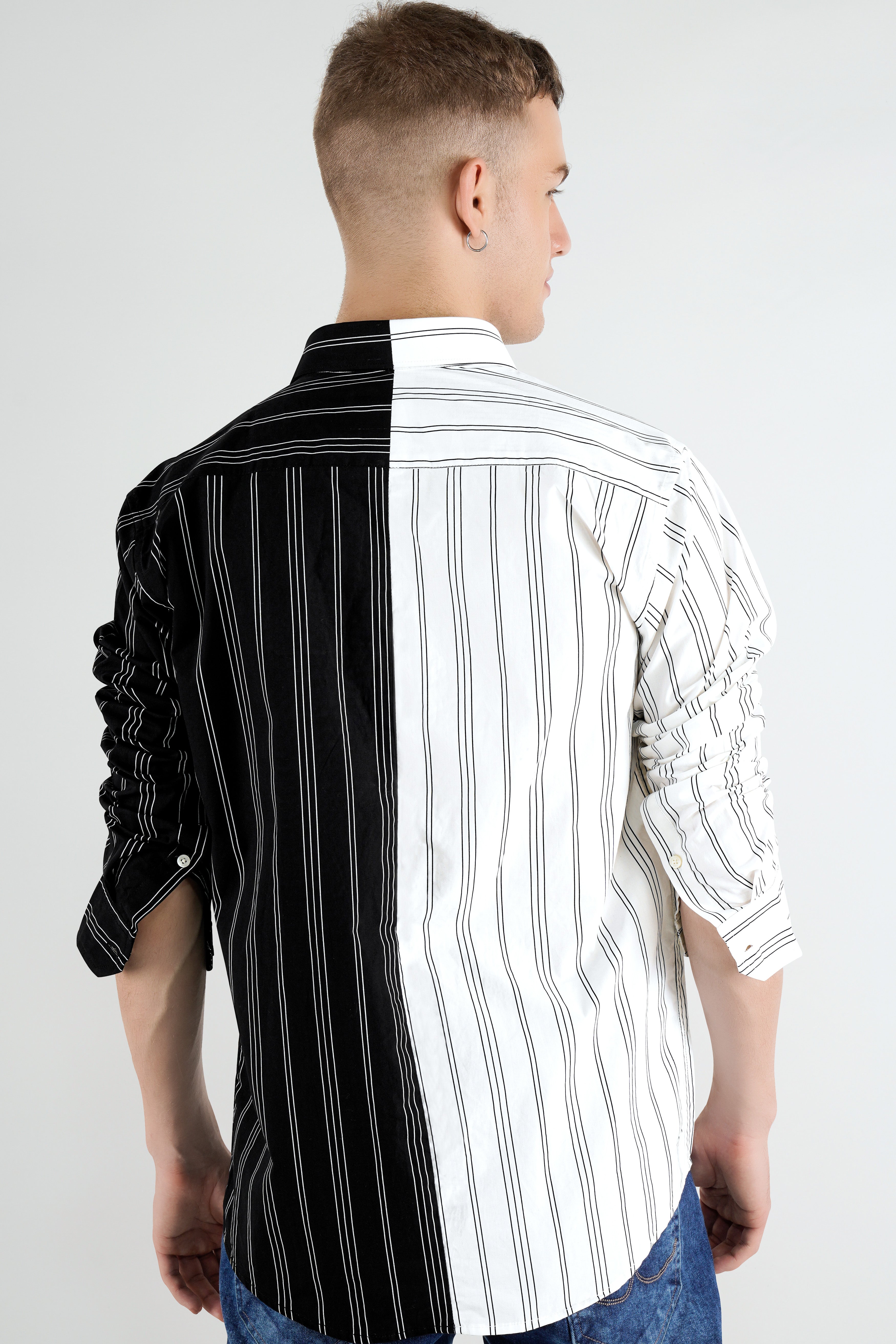 Half Withe with Half Black Pinstriped  Embellished with Embroidered Work Premium Cotton Designer Shirt