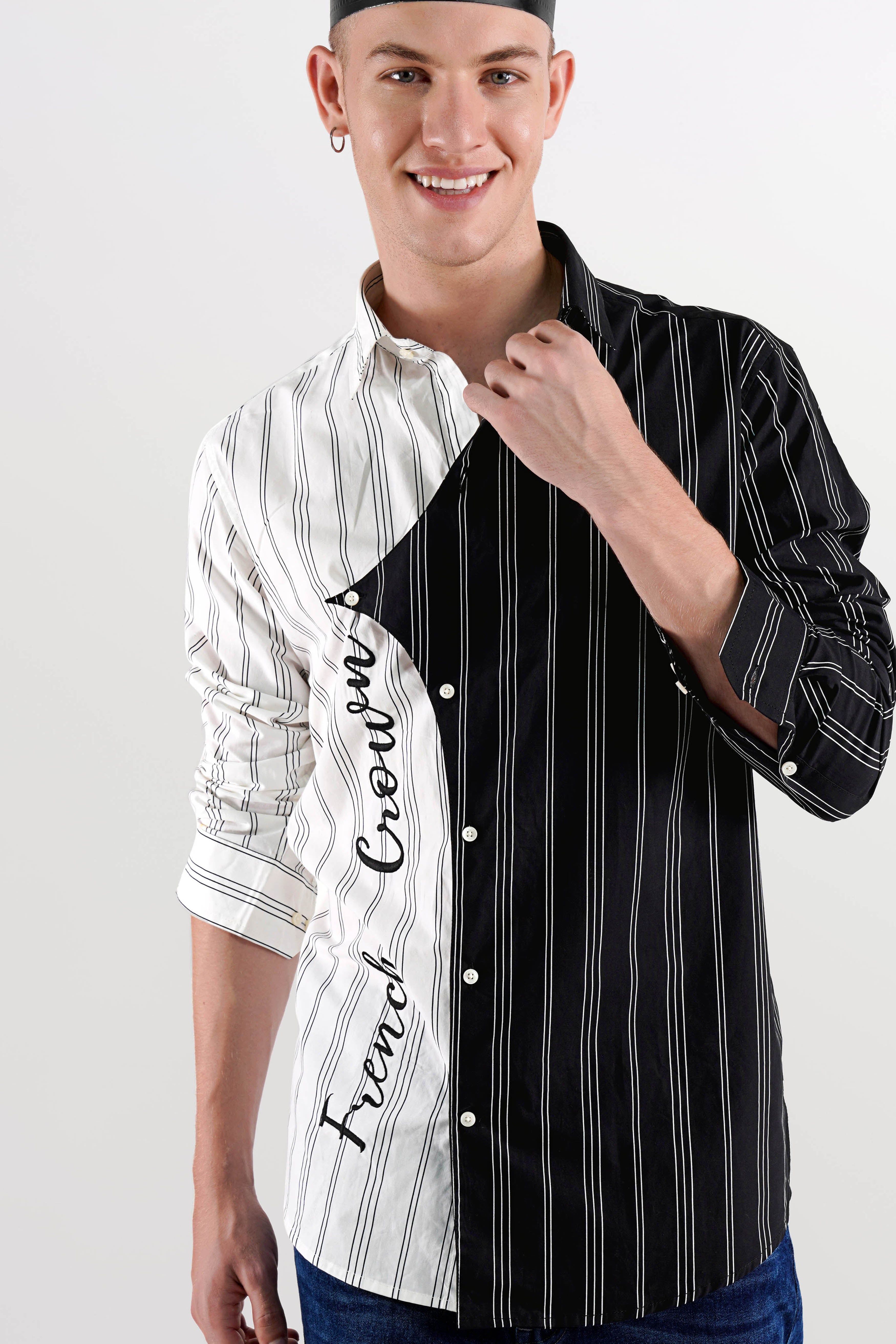 Bright White and Black Striped Twill Premium Cotton Designer Shirt