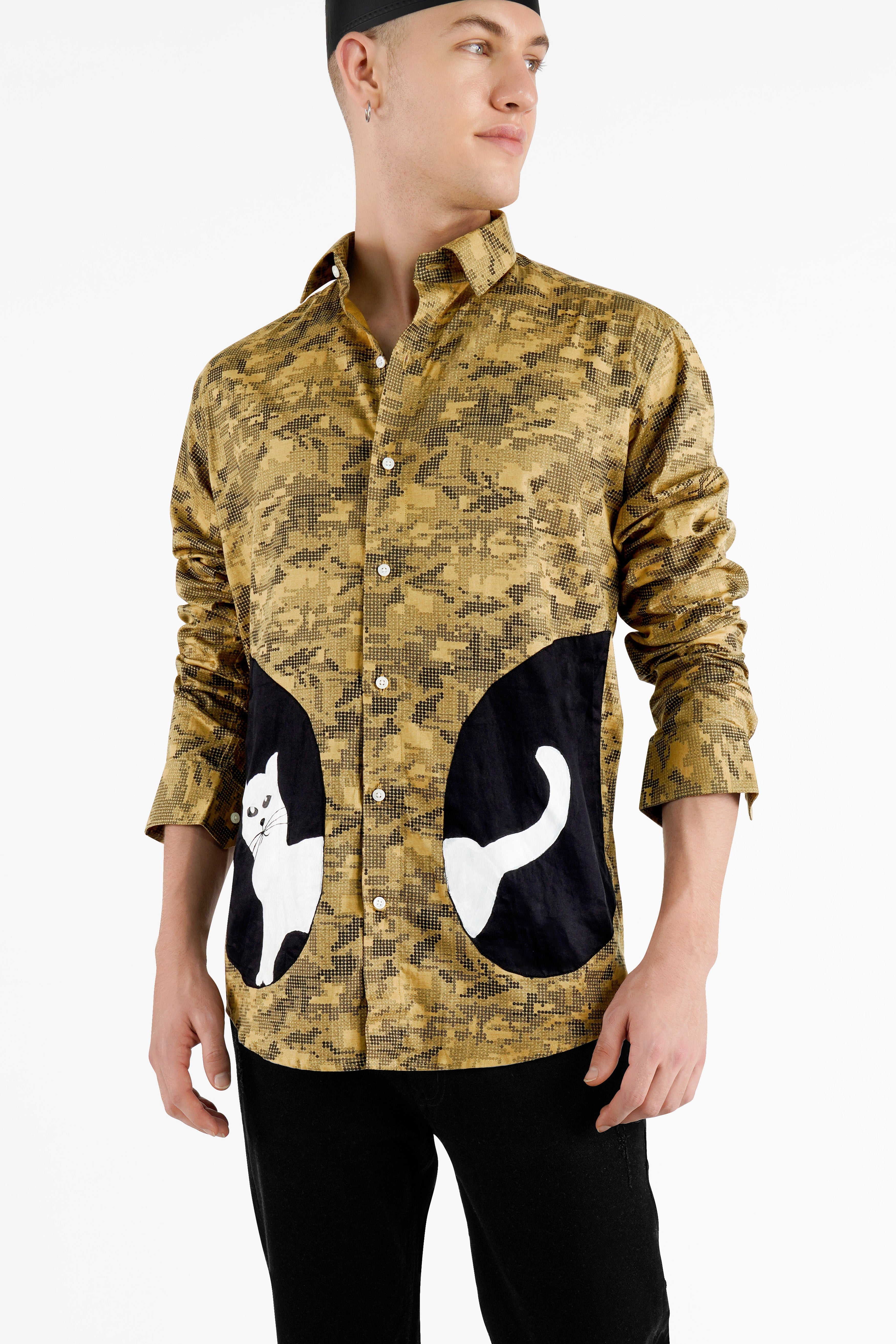 Sundance Brown with Black Cat Hand Painted Luxurious Linen Designer Shirt