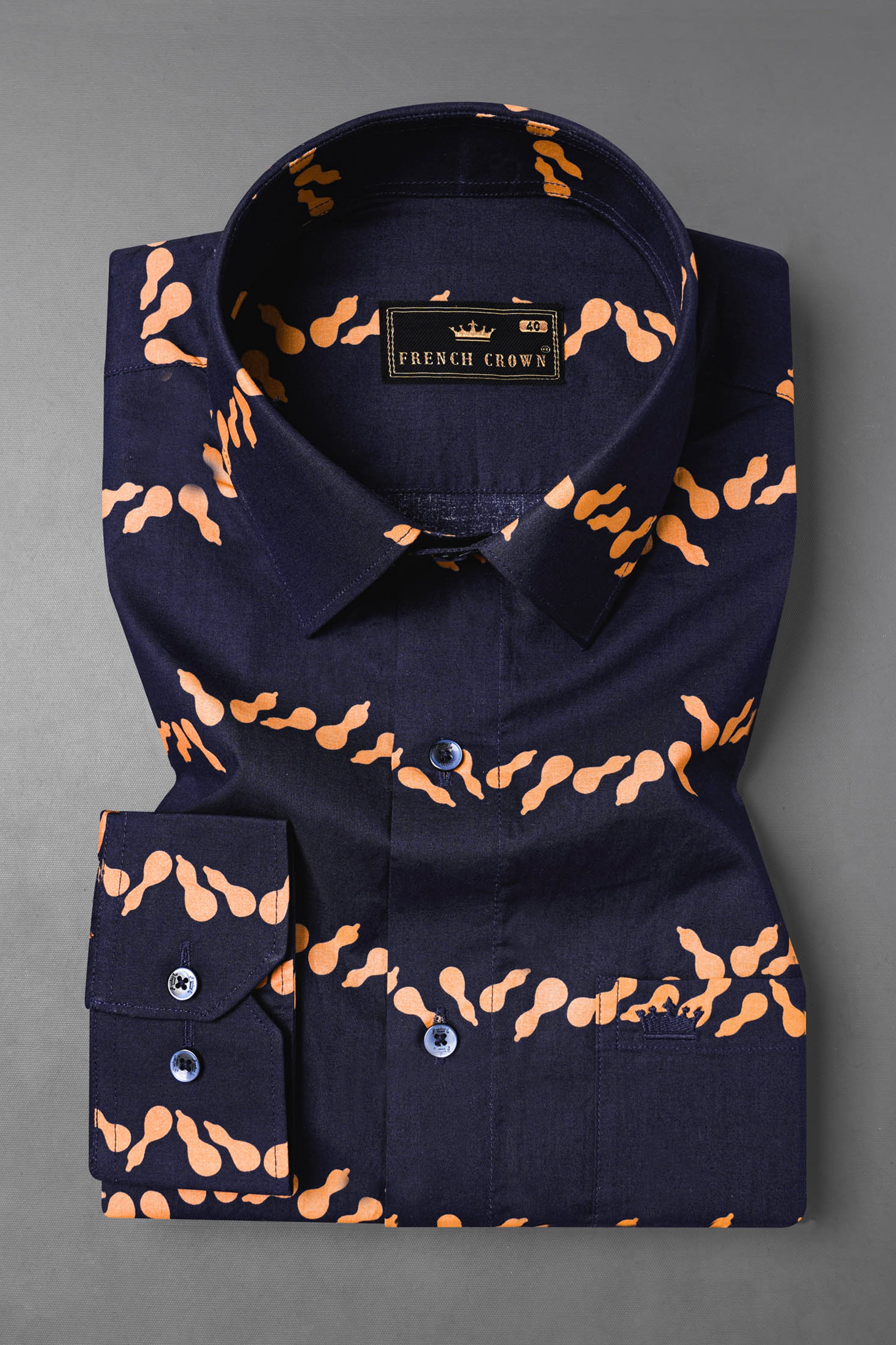 Gunmetal Navy Blue With Melon Orange Printed Premium Cotton Shirt