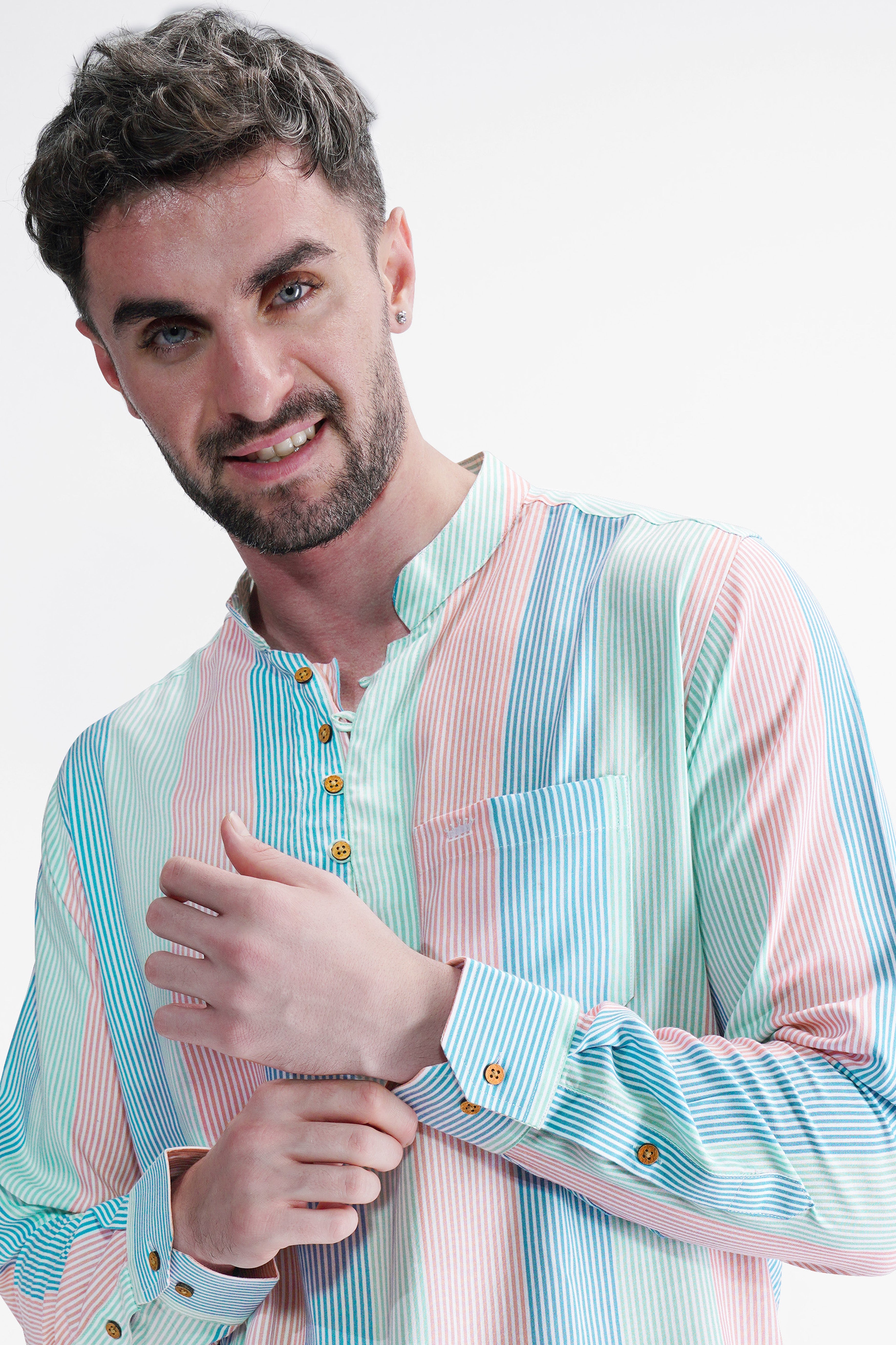 Blossom Pink with Glacier Blue and Riptide Green Pinstriped Premium Tencel Kurta Shirt