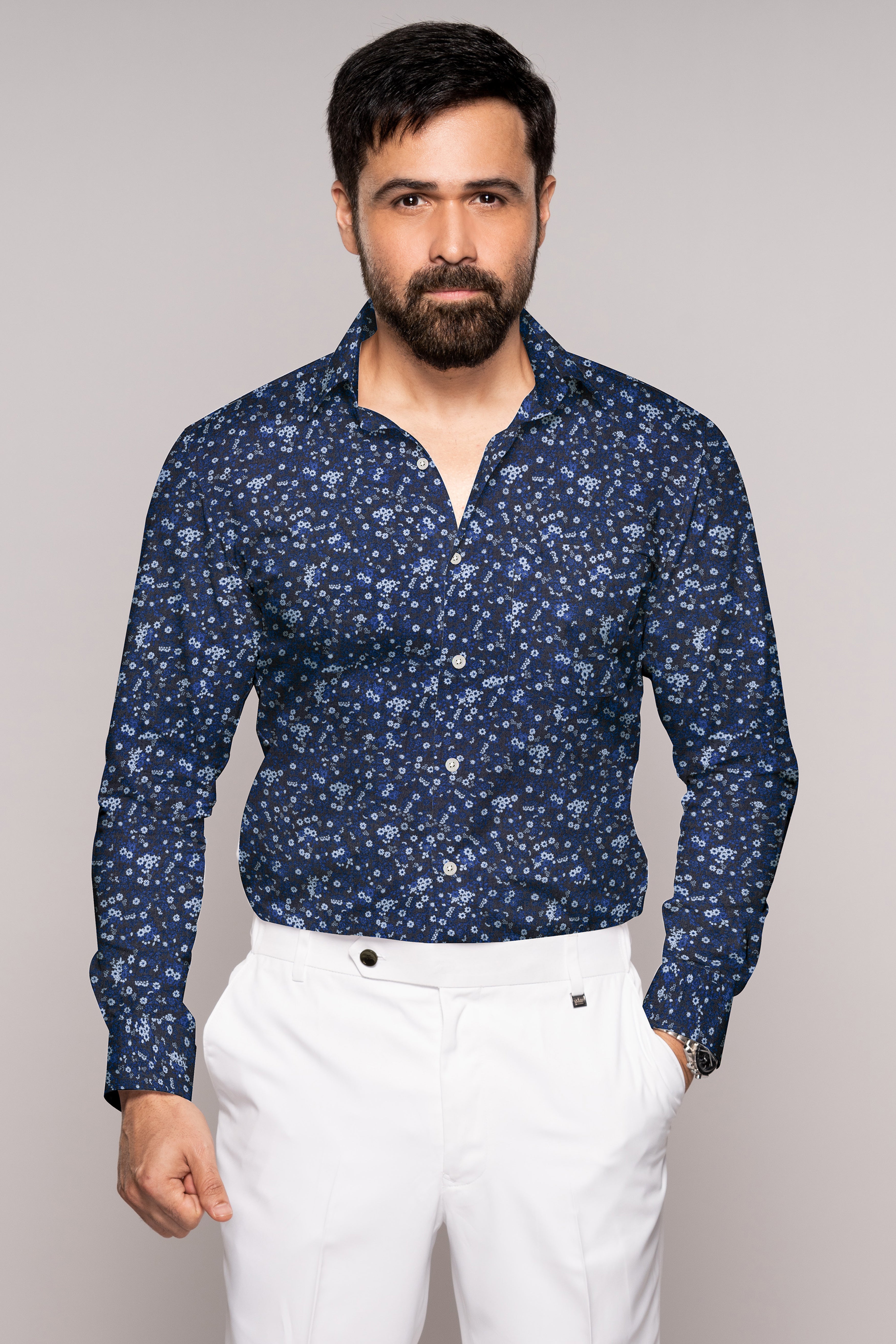 Zodiac Blue Ditzy Floral Printed Premium Cotton Shirt