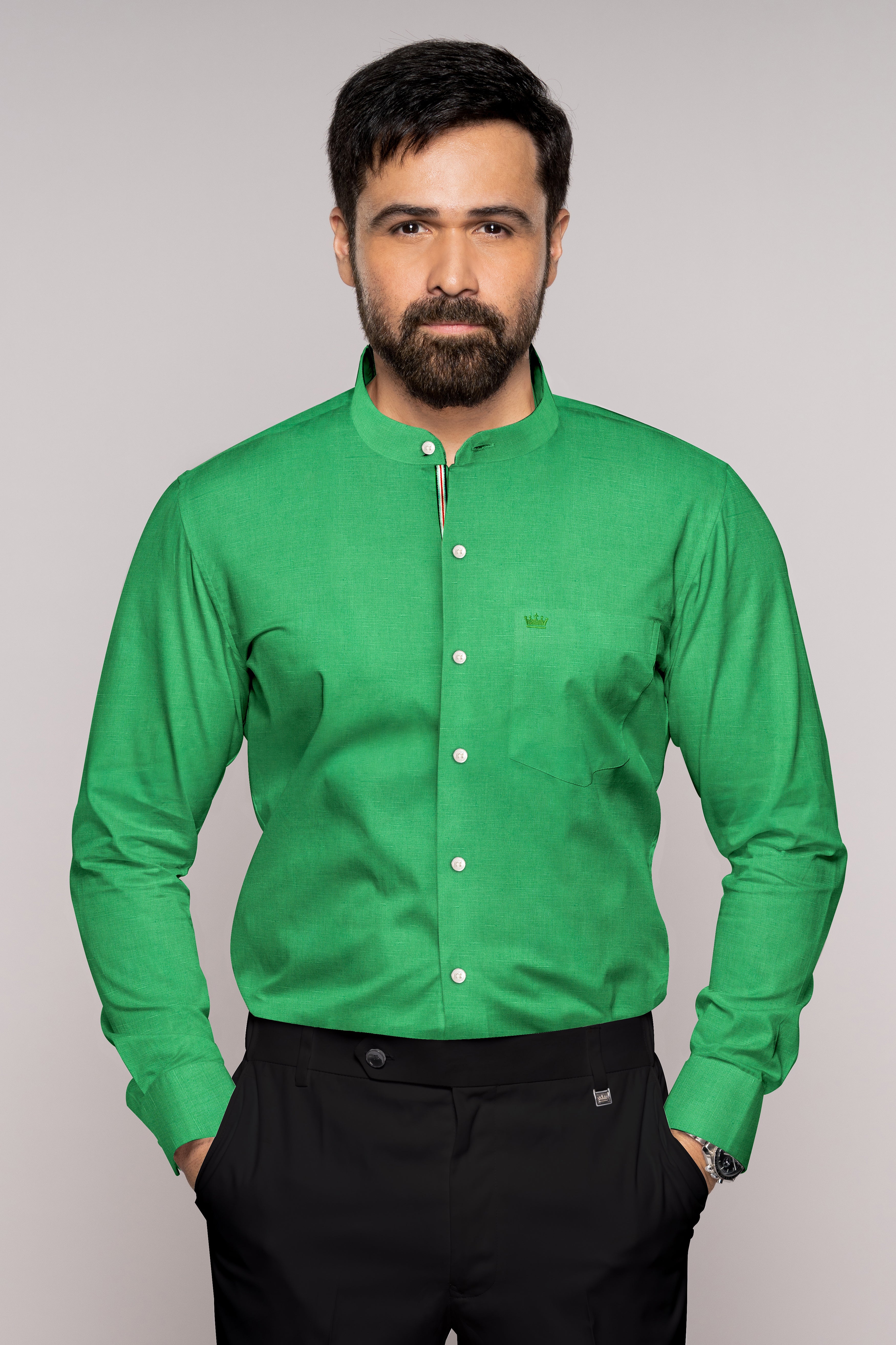 Salem Green Luxurious Linen Mandarin Collar Shirt