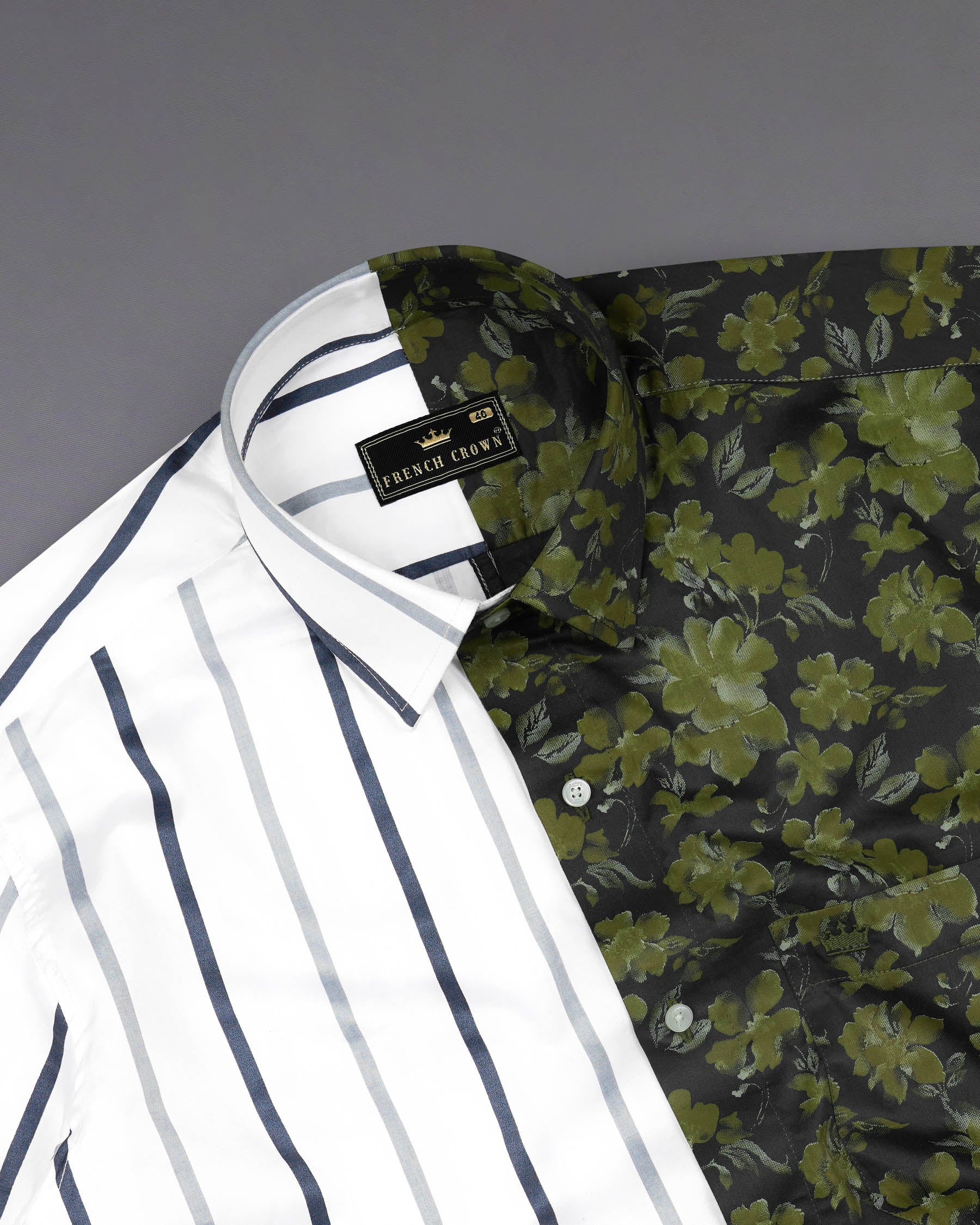 Half White-Striped With Half Clay Creek Green-Floral Printed Premium Cotton Designer Shirt 7949-P67-38,7949-P67-H-38,7949-P67-39,7949-P67-H-39,7949-P67-40,7949-P67-H-40,7949-P67-42,7949-P67-H-42,7949-P67-44,7949-P67-H-44,7949-P67-46,7949-P67-H-46,7949-P67-48,7949-P67-H-48,7949-P67-50,7949-P67-H-50,7949-P67-52,7949-P67-H-52