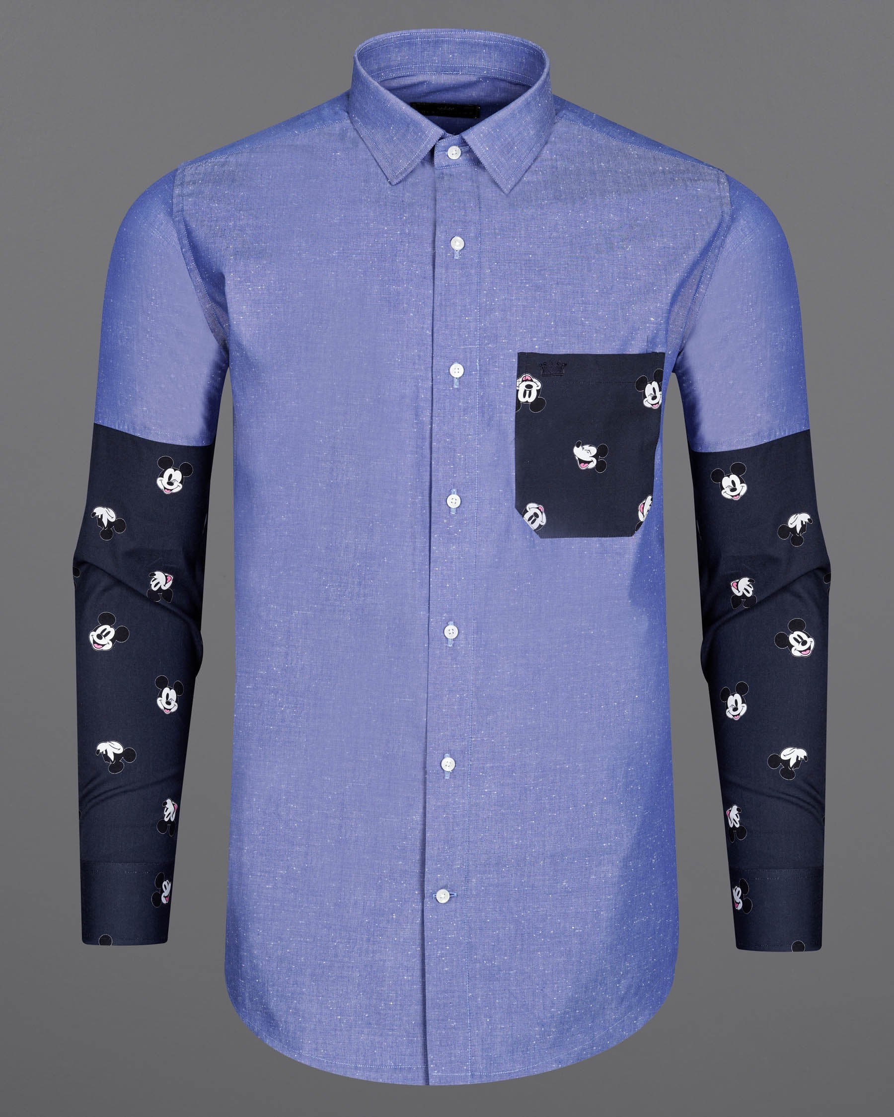 Dark Pastel Blue With Mickey Mouse Chambray Textured Premium Cotton Designer Shirt 7968-P189-38,7968-P189-H-38,7968-P189-39,7968-P189-H-39,7968-P189-40,7968-P189-H-40,7968-P189-42,7968-P189-H-42,7968-P189-44,7968-P189-H-44,7968-P189-46,7968-P189-H-46,7968-P189-48,7968-P189-H-48,7968-P189-50,7968-P189-H-50,7968-P189-52,7968-P189-H-52