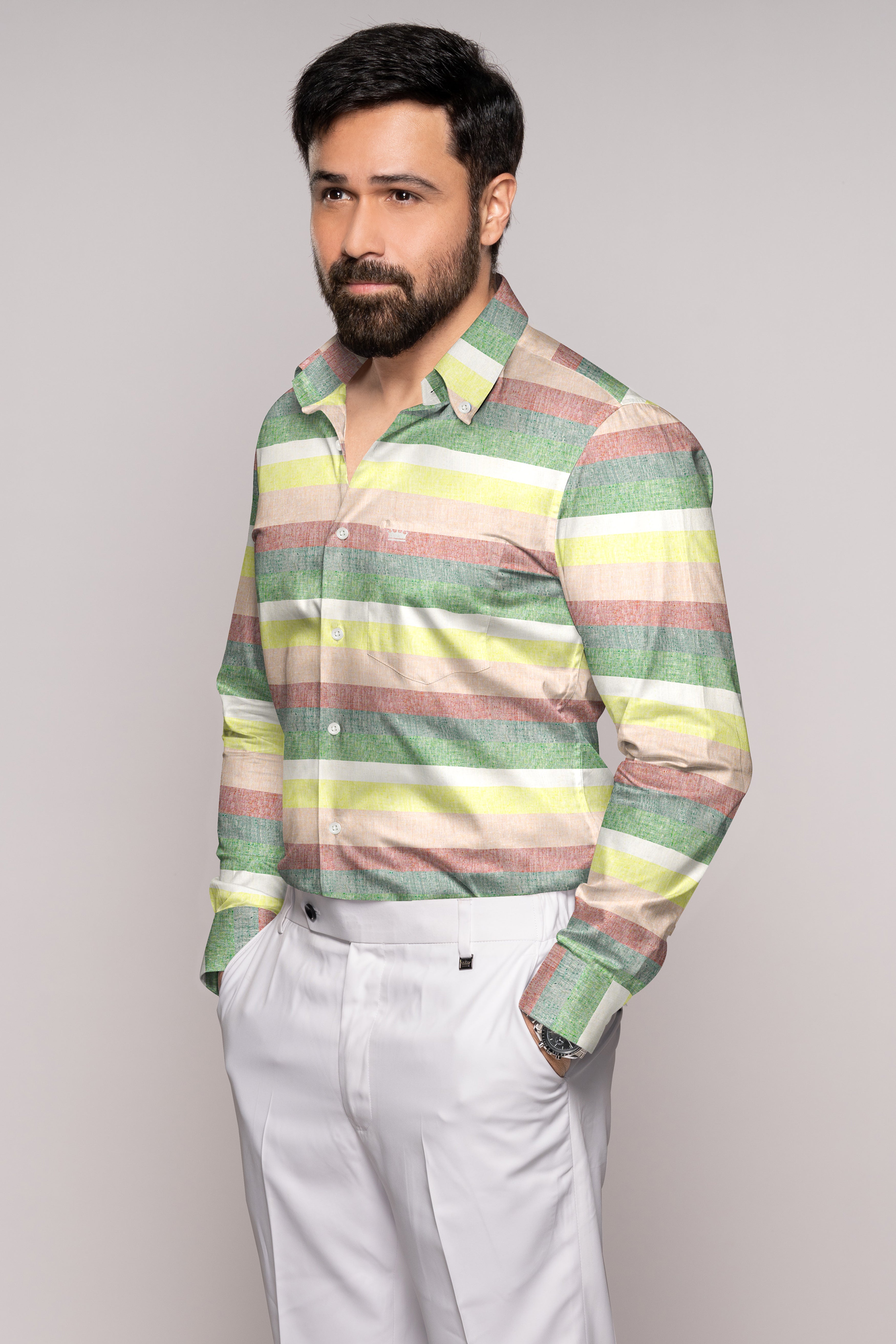 Mint Julep Light Yellow with Oriental Baby Pink Multicolour Striped Luxurious Linen Shirt