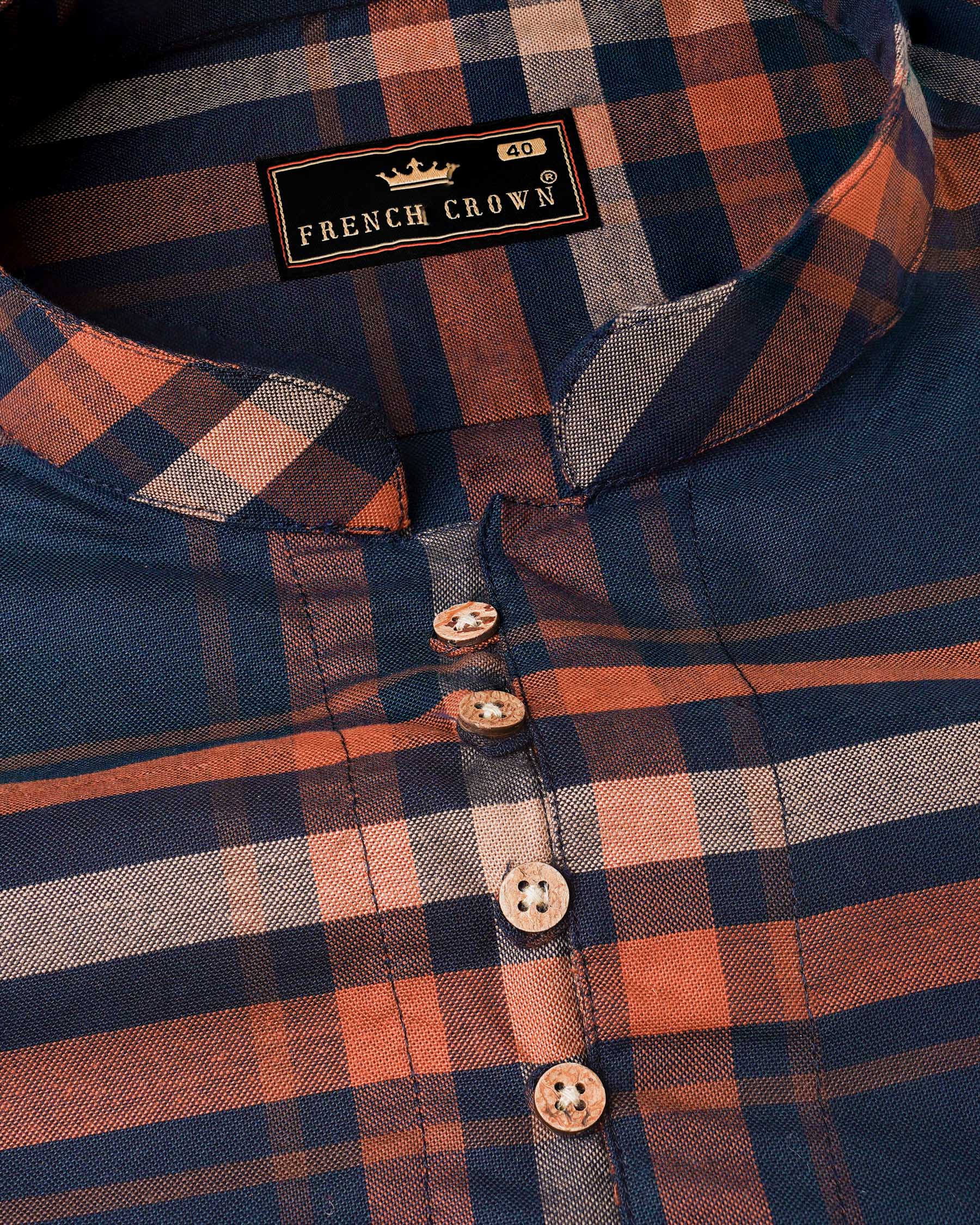 Firefly Blue and Raw Sienna Orange Plaid Royal Oxford Kurta Shirt