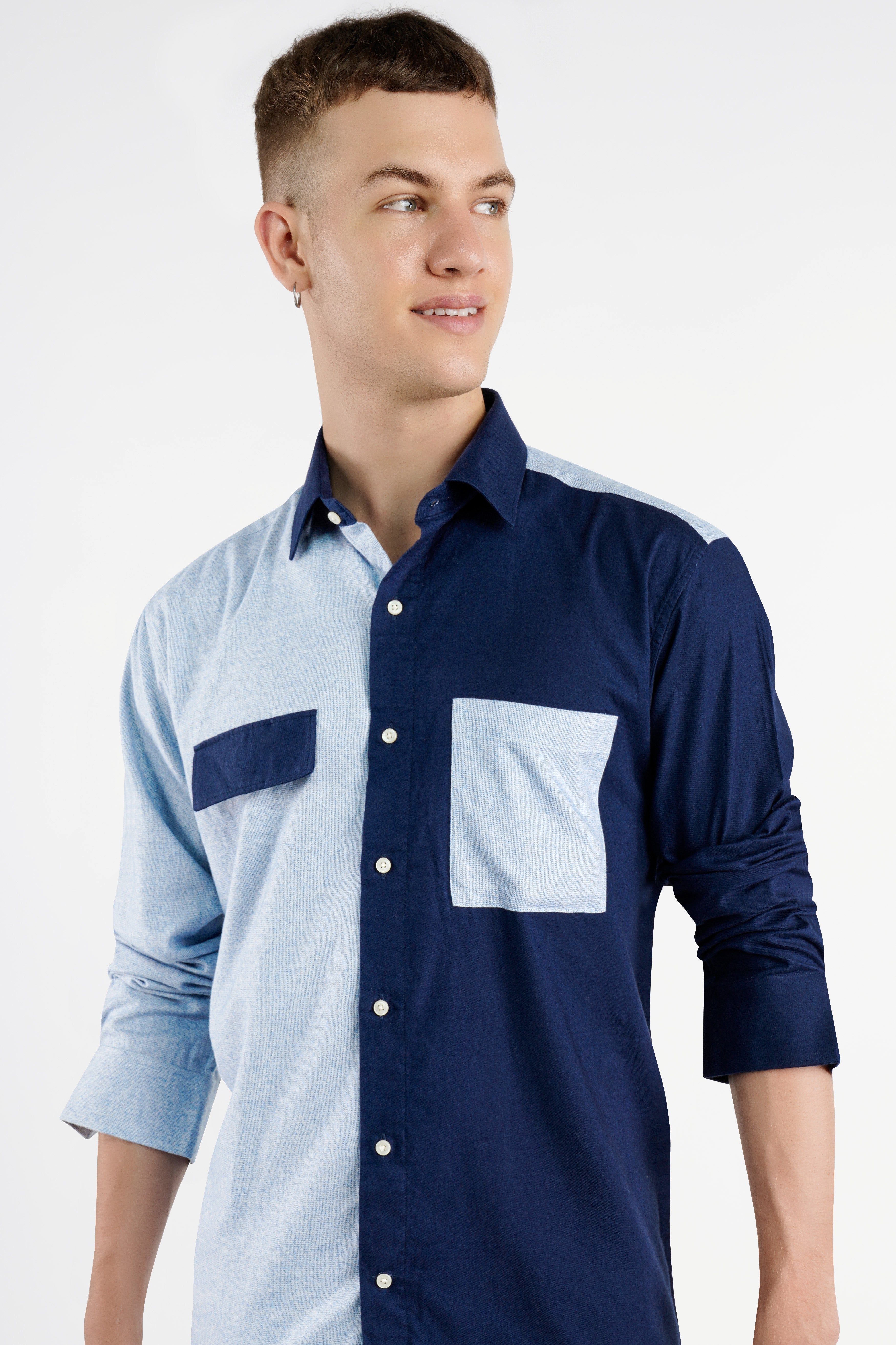 Cadet Blue and Midnight Navy Blue Twill Premium Cotton Designer Shirt