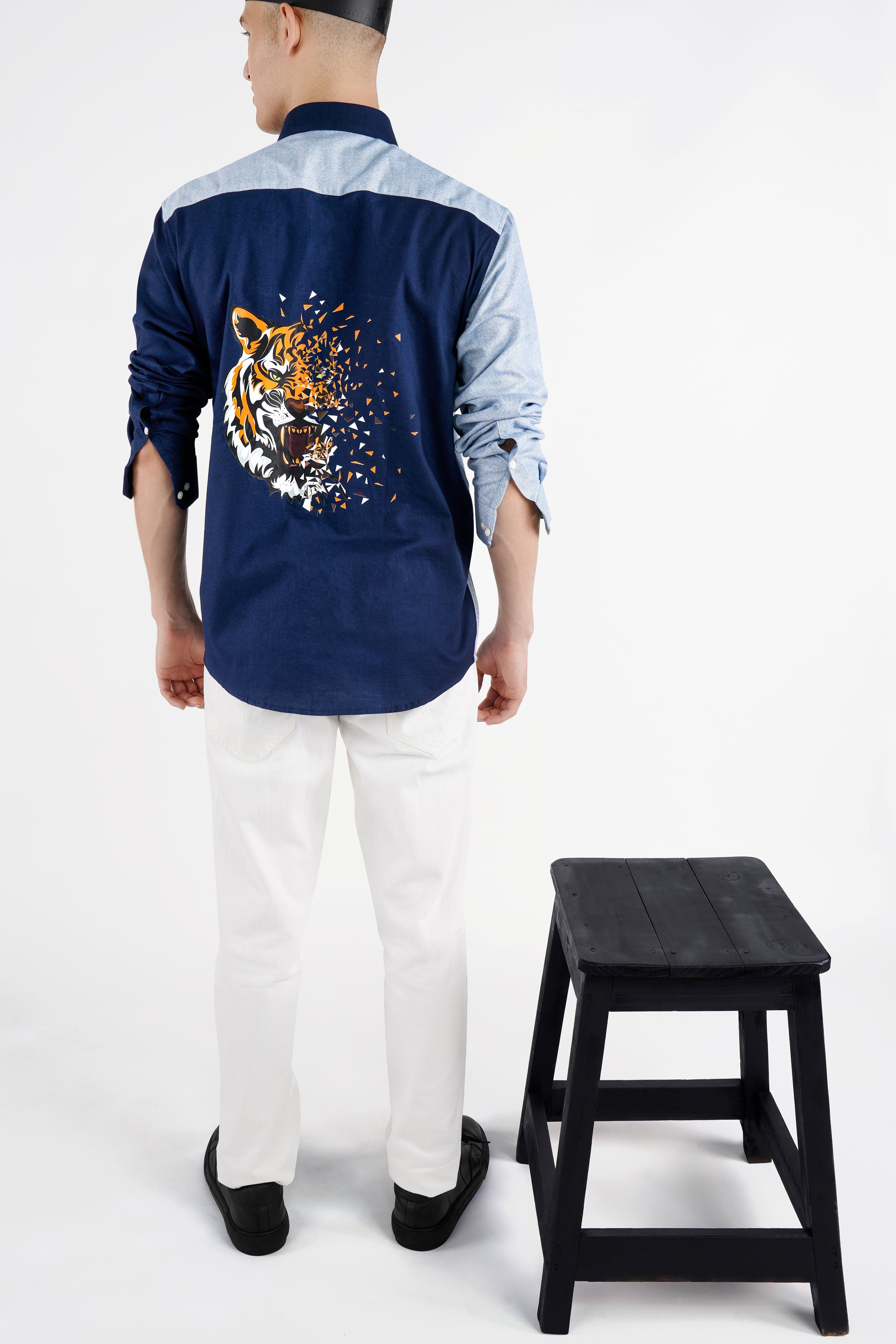 Cadet Blue with Midnight Navy Blue Tiger Printed Twill Premium Cotton Designer Shirt