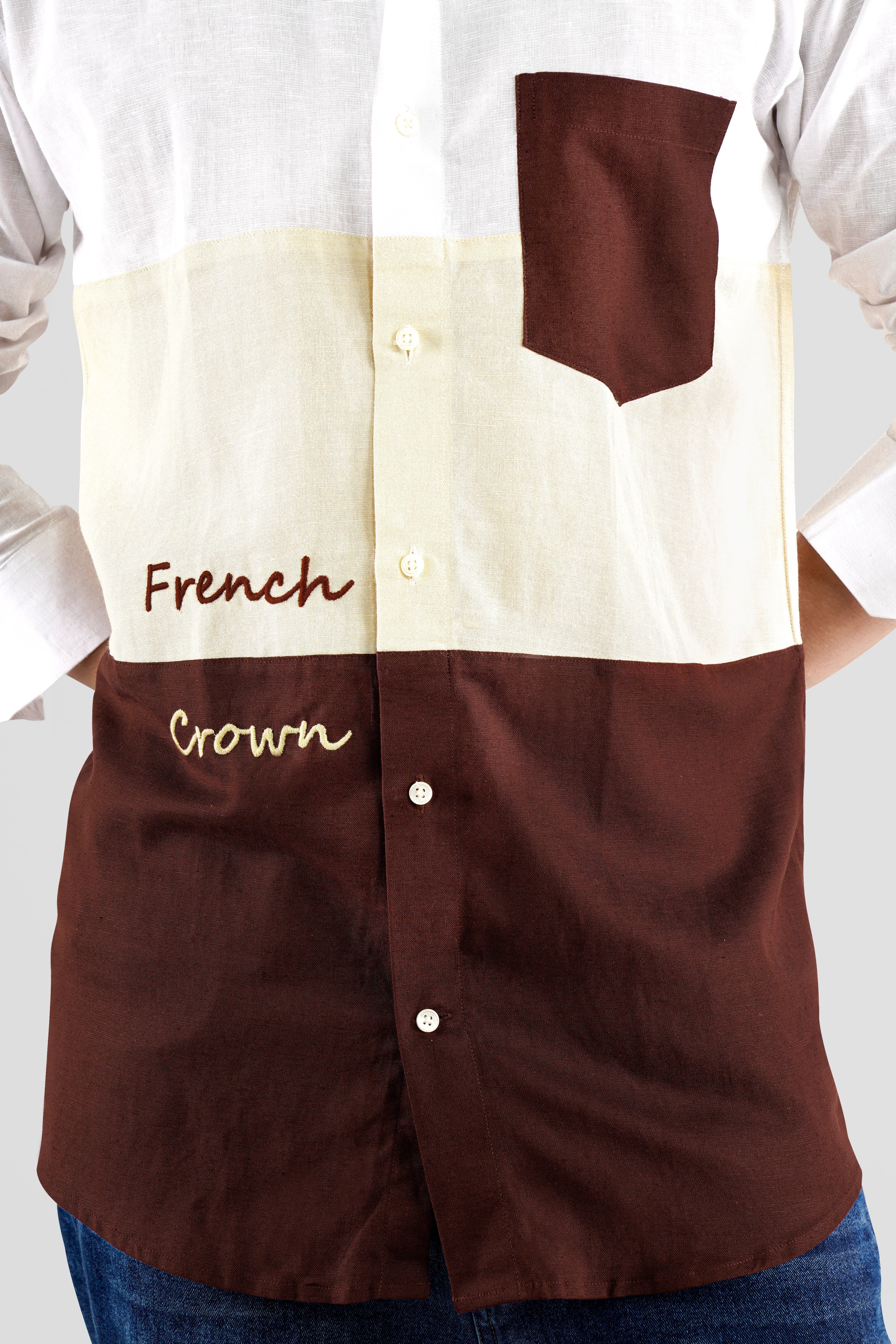 Bright White with Periglacial Beige and Bistre Brown French Crown Embroidered Luxurious Linen Designer Shirt