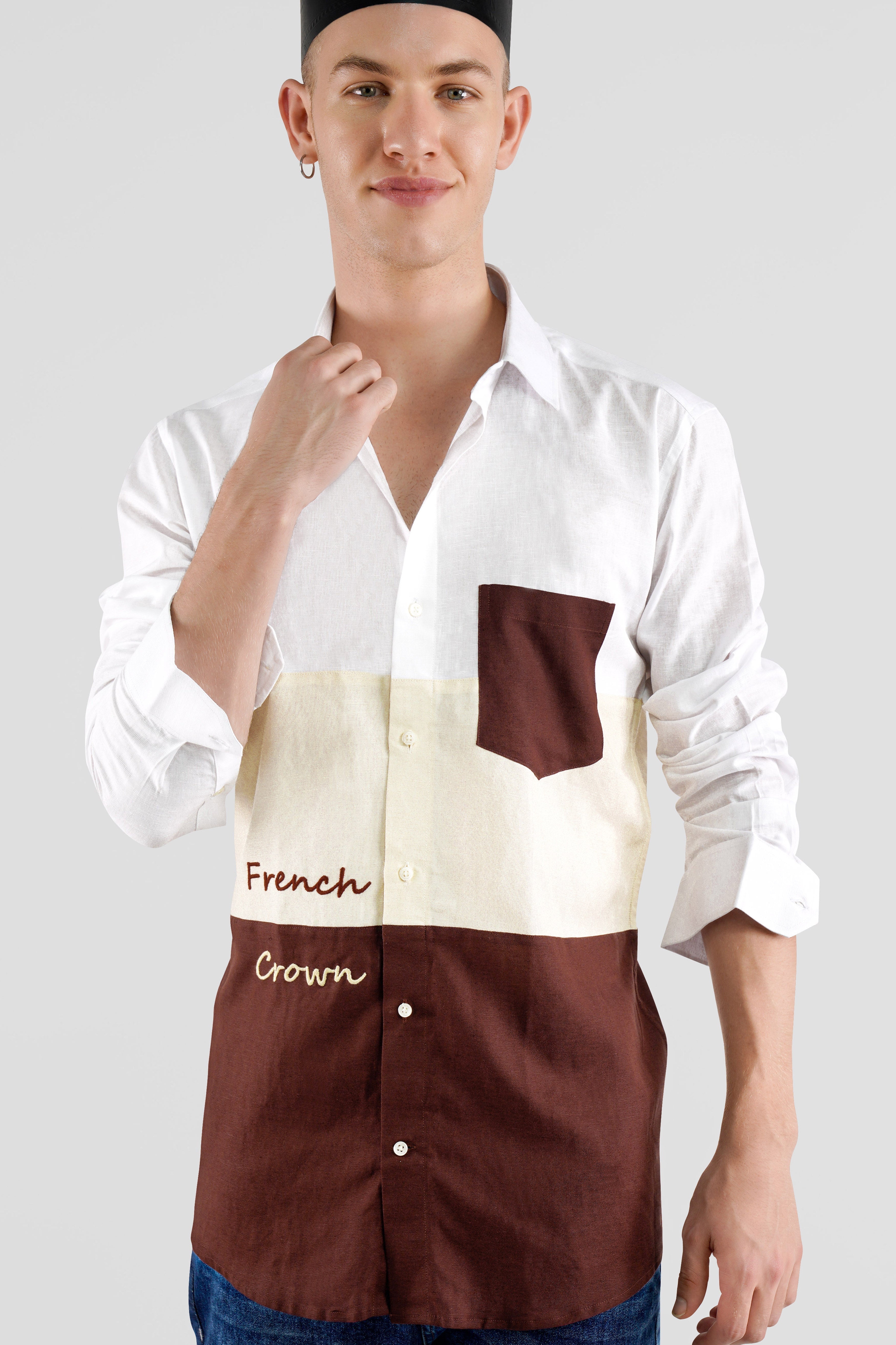 Bright White with Periglacial Beige and Bistre Brown French Crown Embroidered Luxurious Linen Designer Shirt