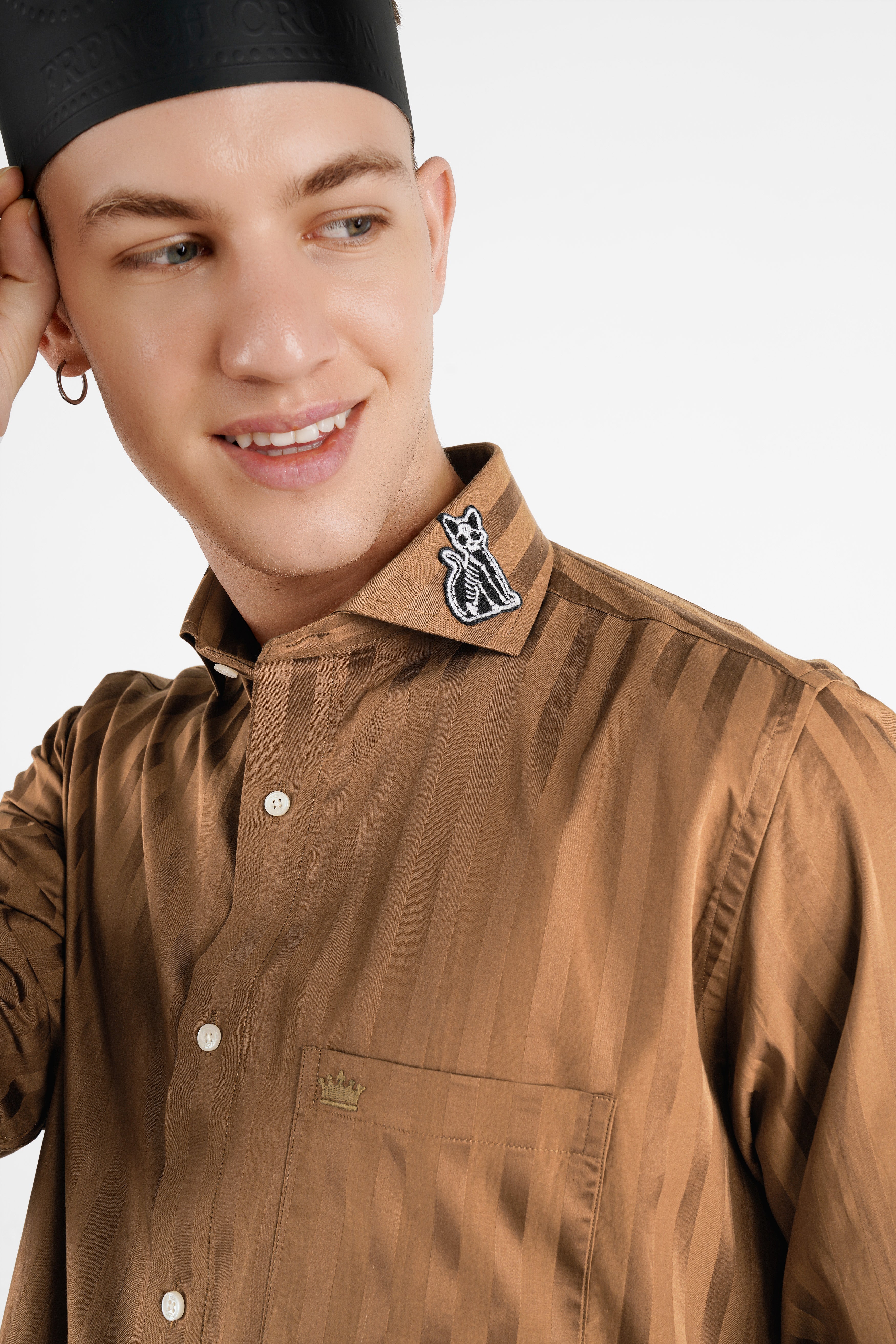 Dark Taupe Brown Striped with Embroidered Patchwork Super Soft Premium Cotton Designer Shirt