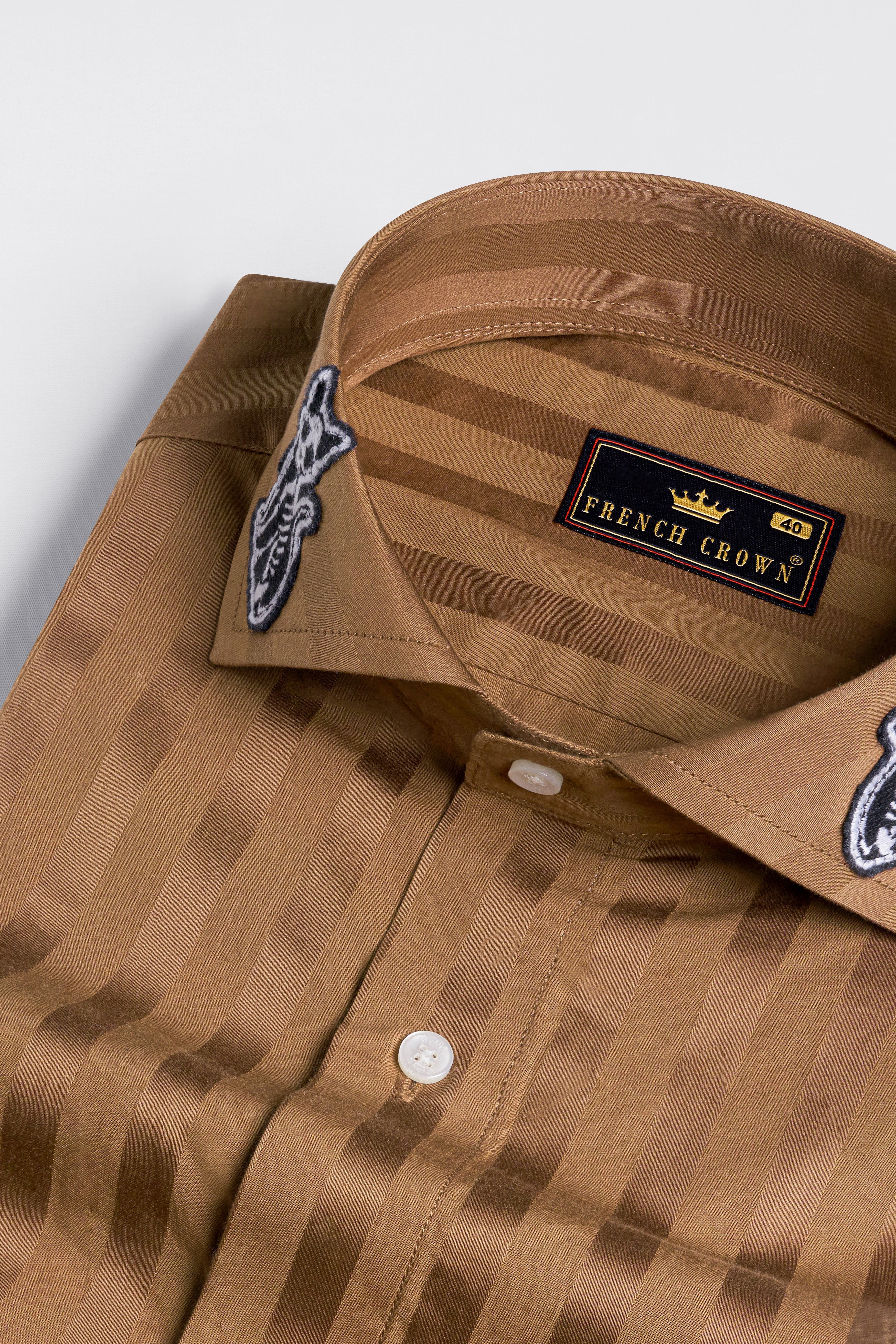 Dark Taupe Brown Striped with Embroidered Patchwork Super Soft Premium Cotton Designer Shirt