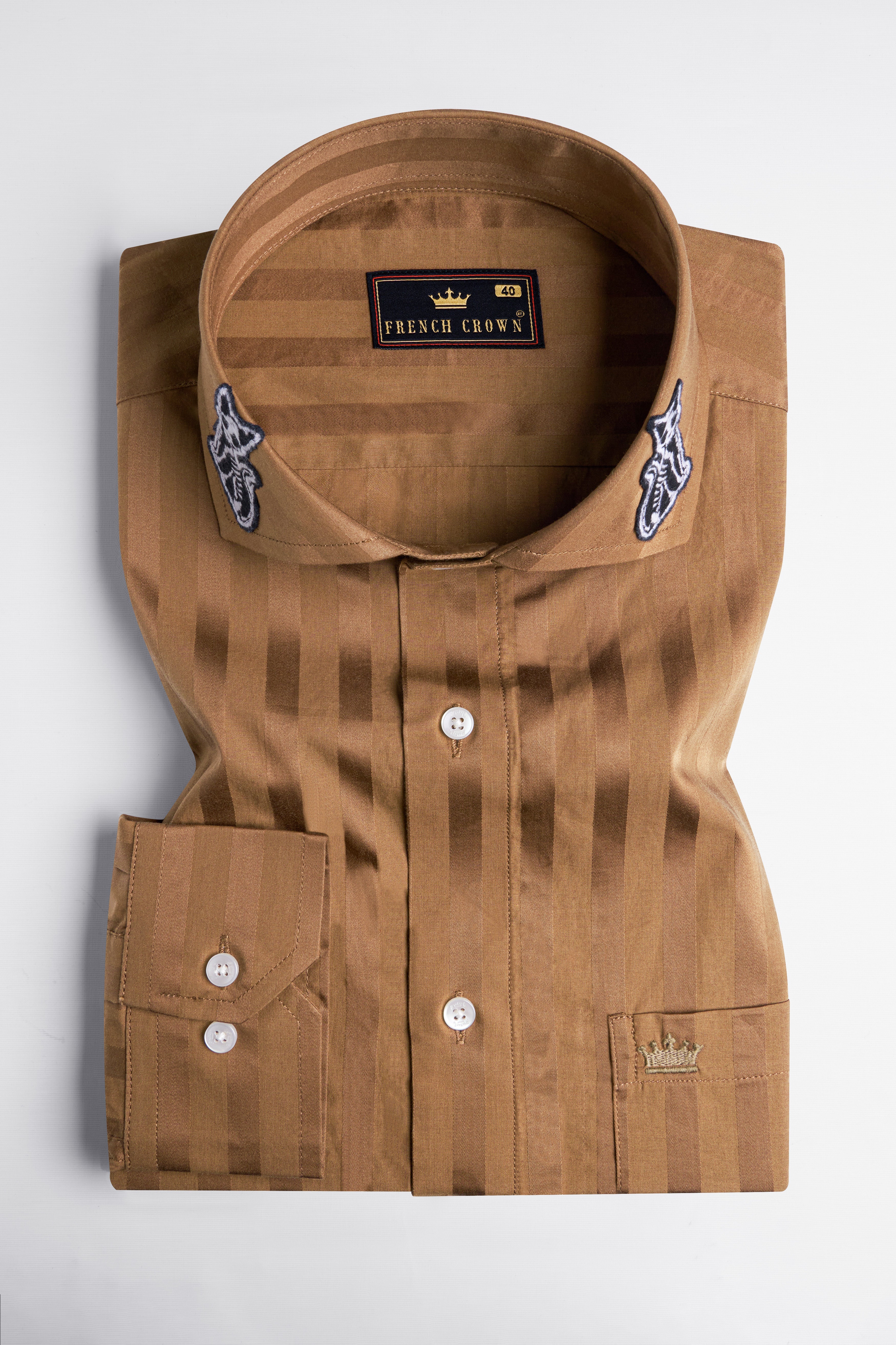 Dark Taupe Brown Striped with Embroidered Patchwork Super Soft Premium Cotton Designer Shirt