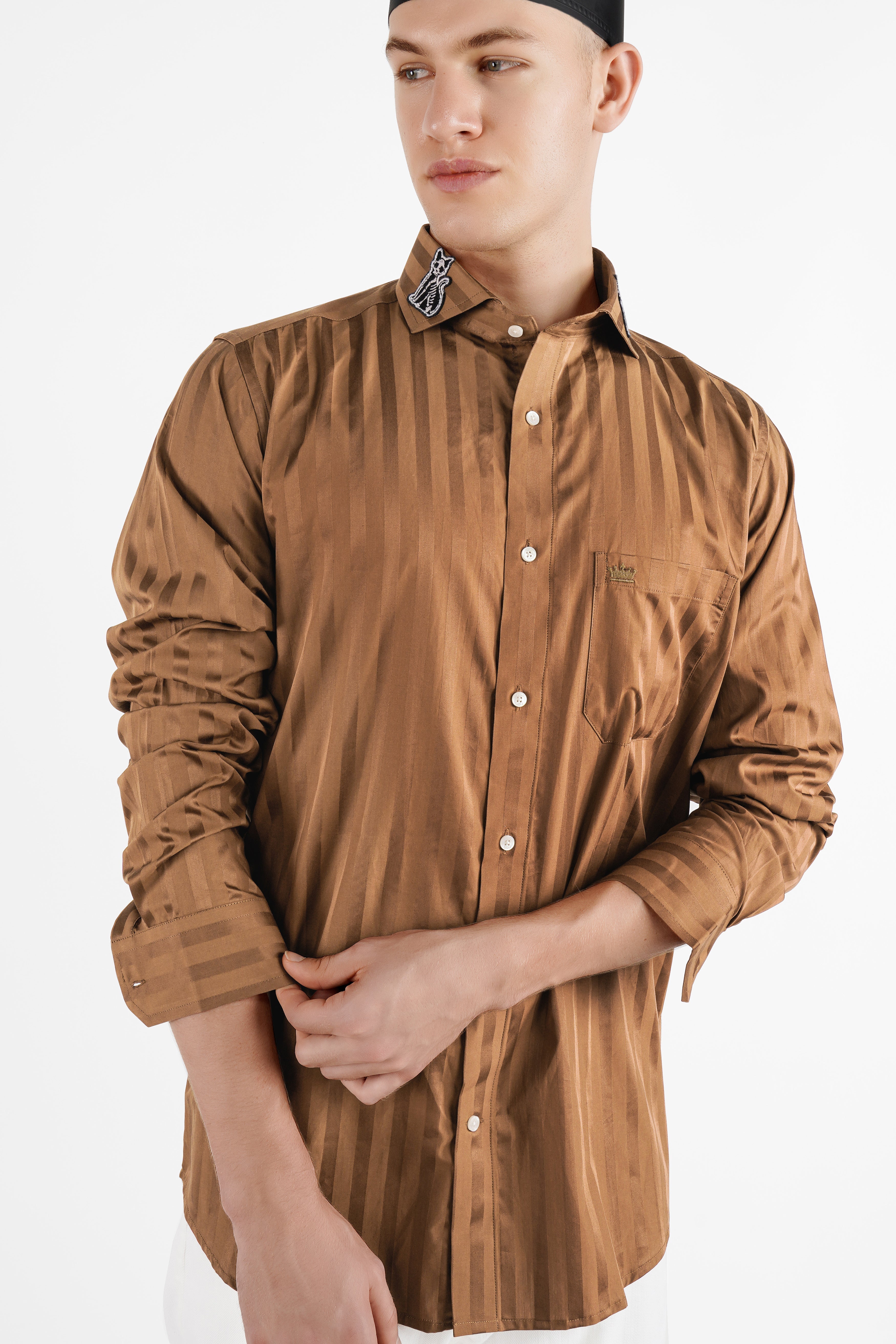 Dark Taupe Brown Striped with Embroidered Patchwork Super Soft Premium Cotton Designer Shirt