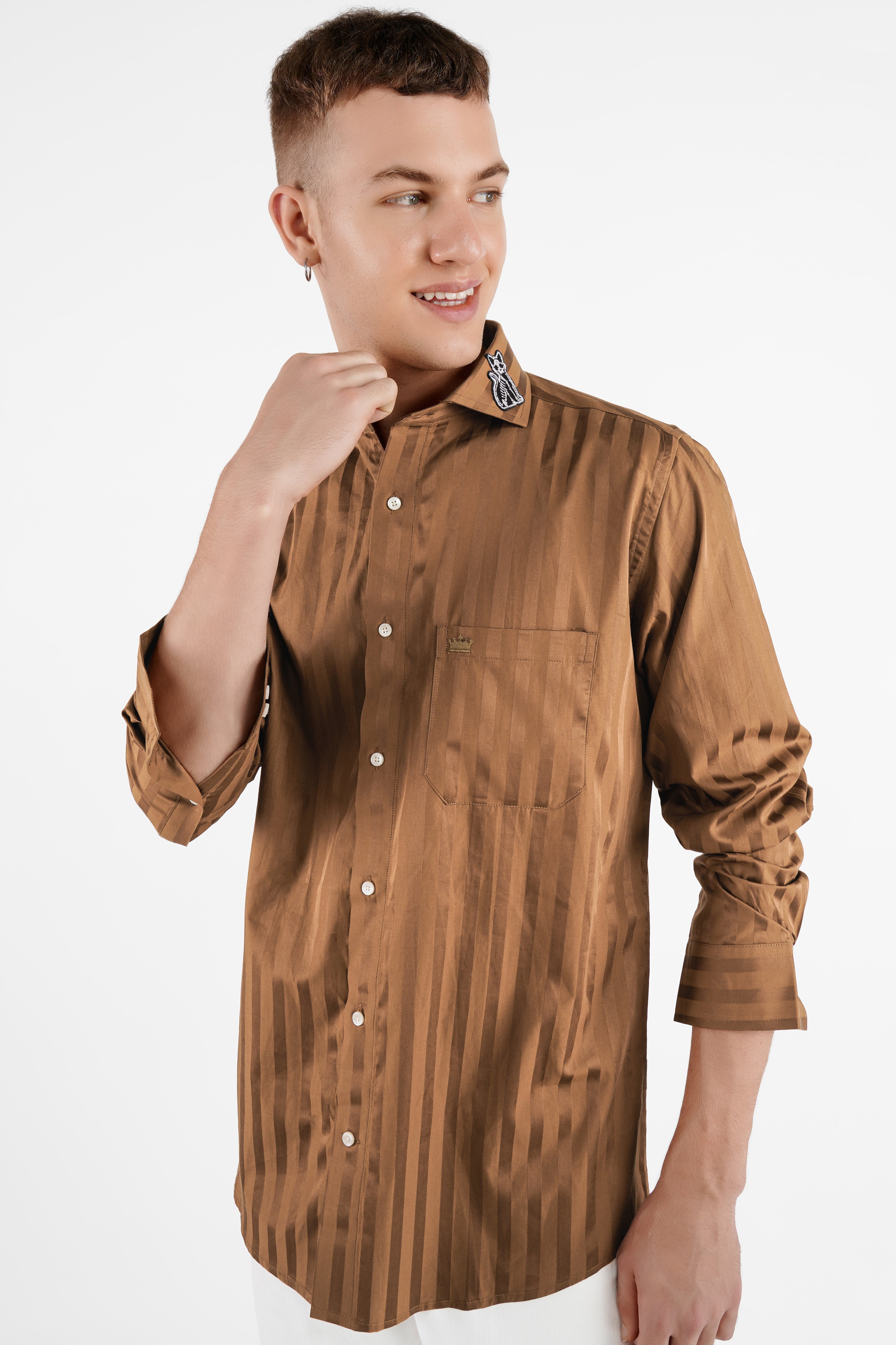 Dark Taupe Brown Striped with Embroidered Patchwork Super Soft Premium Cotton Designer Shirt