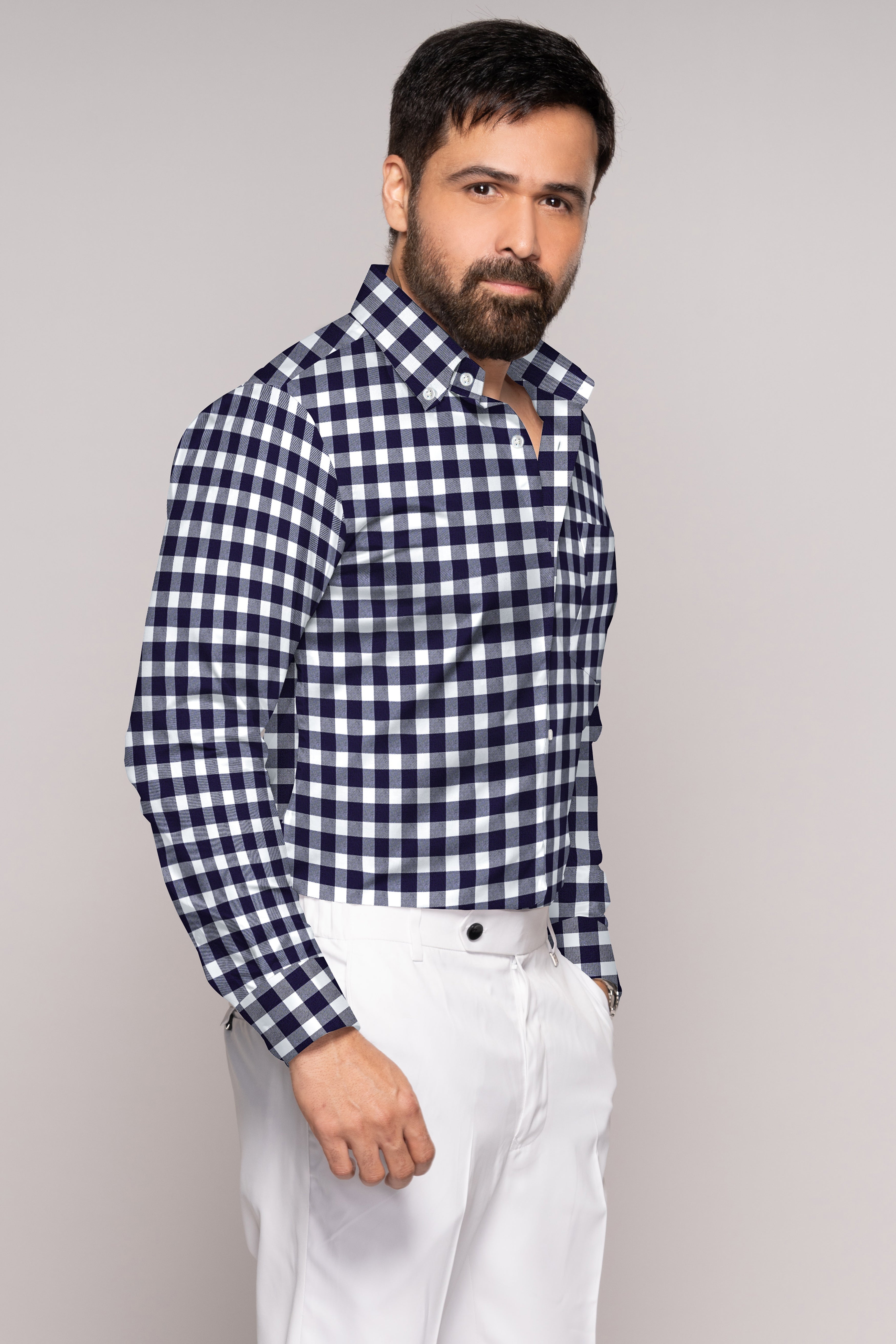 Bright White and Mirage Navy Blue Gingham Twill Premium Cotton Shirt