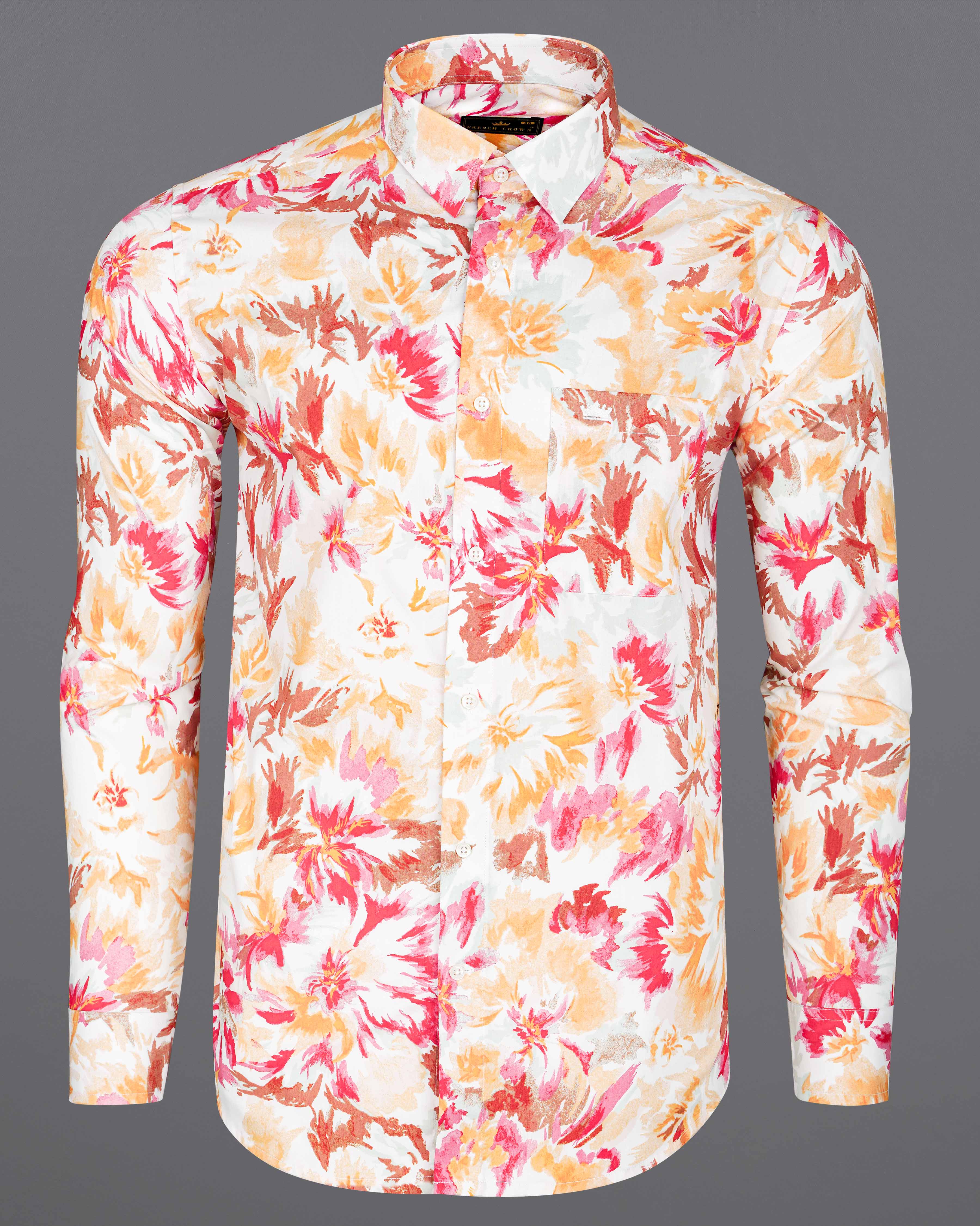 Bright White with Casablanca Yellow and Faded Red Floral Printed Premium Cotton Shirt 8073-38,8073-38,8073-39,8073-39,8073-40,8073-40,8073-42,8073-42,8073-44,8073-44,8073-46,8073-46,8073-48,8073-48,8073-50,8073-50,8073-52,8073-52