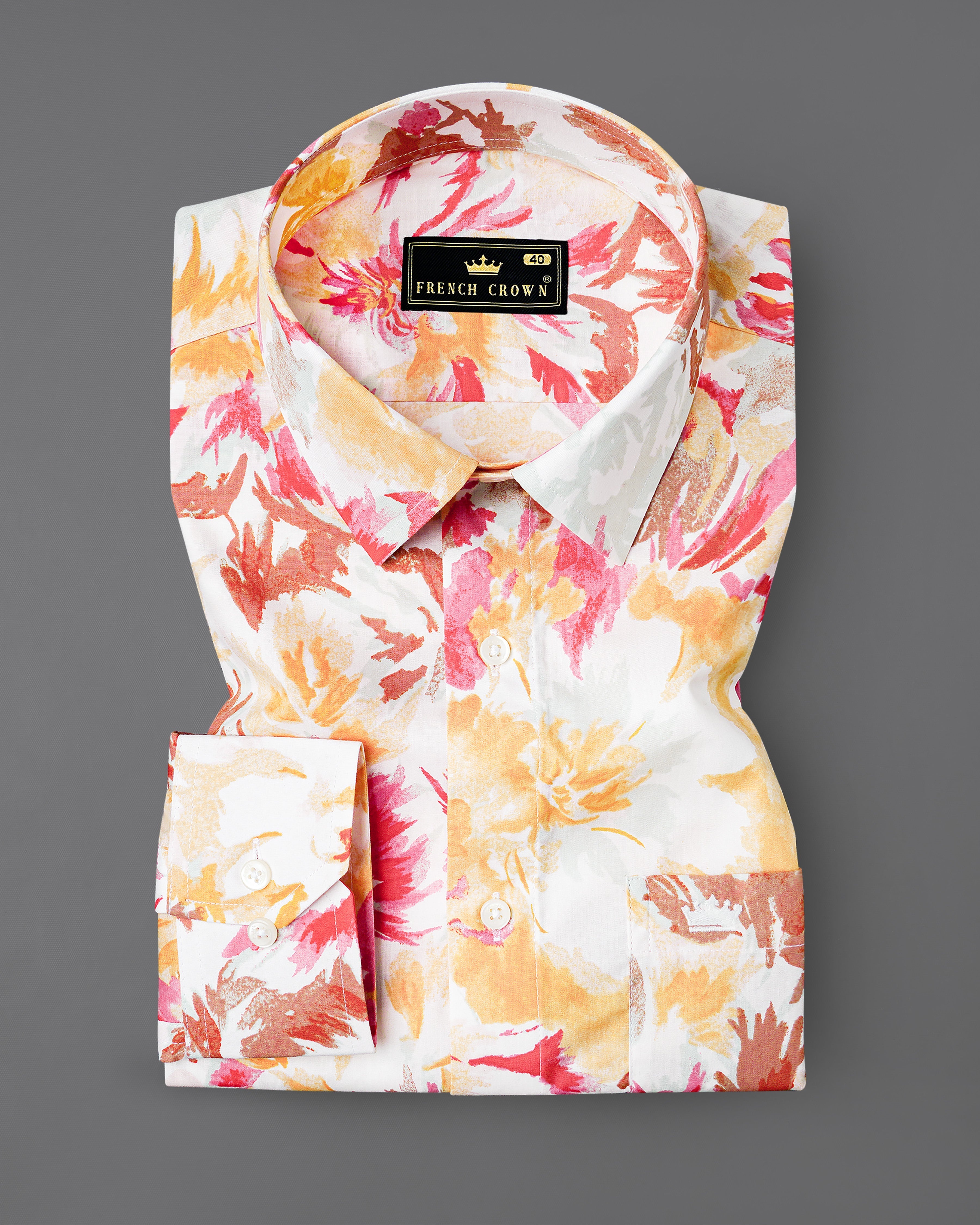 Bright White with Casablanca Yellow and Faded Red Floral Printed Premium Cotton Shirt