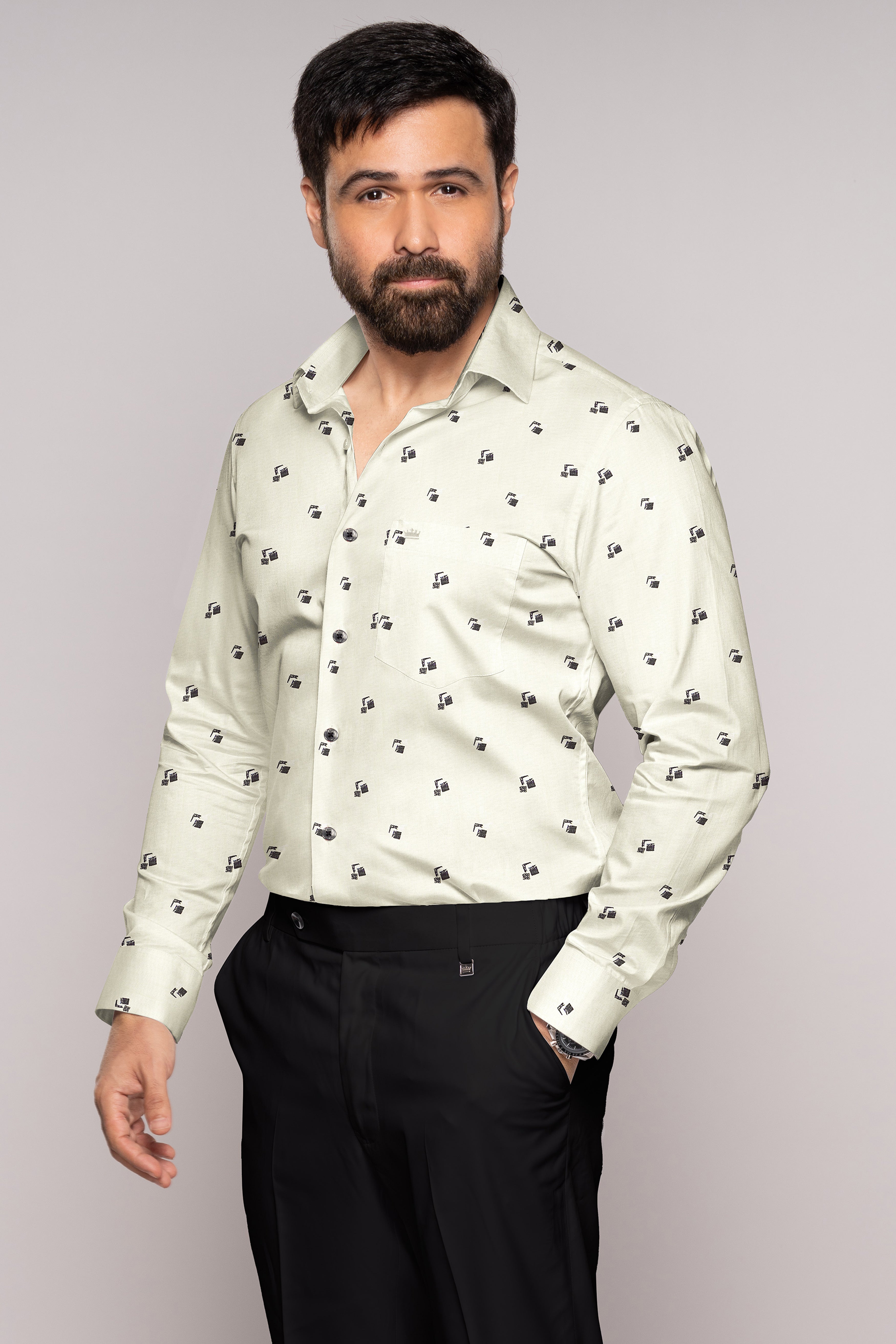 Egg Shell Cream Printed Luxurious Linen Shirt