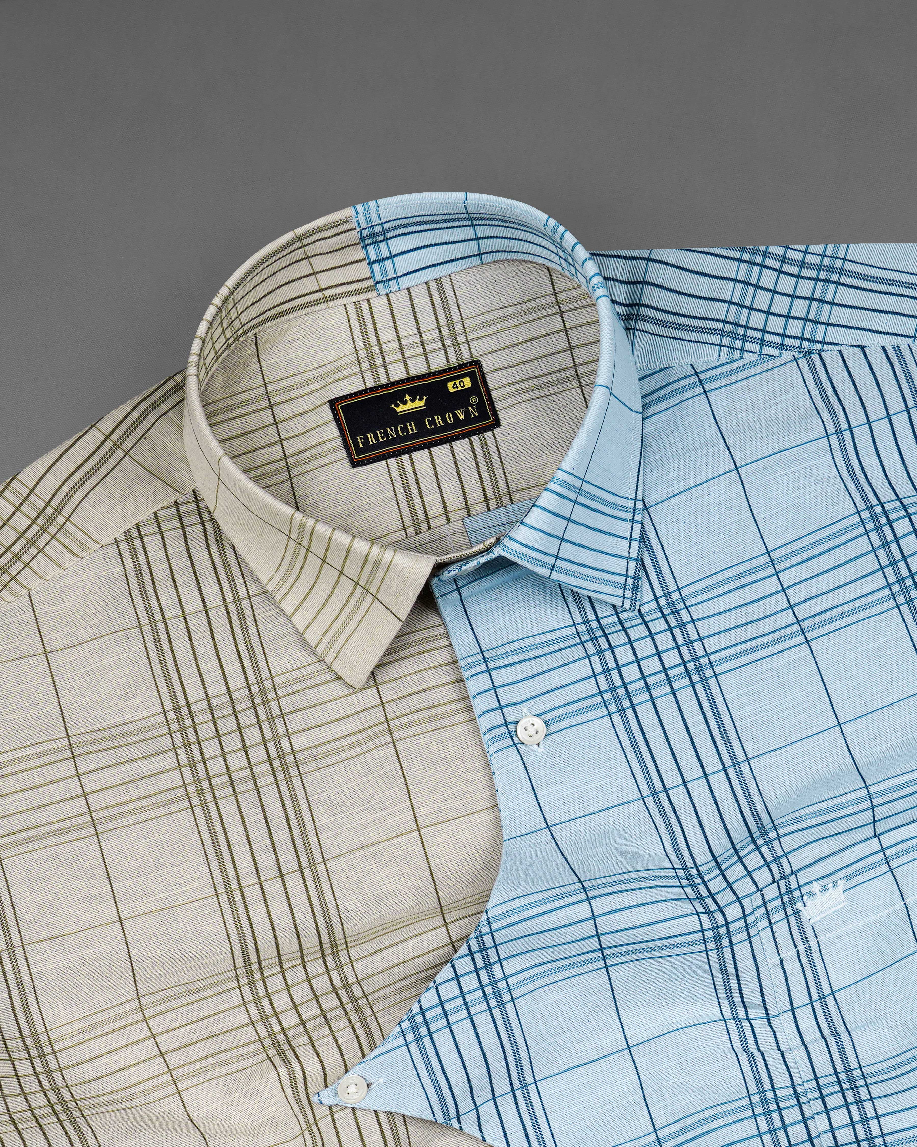 Vanilla Brown and Casper Sky Blue Plaid Luxurious Linen Designer Shirt