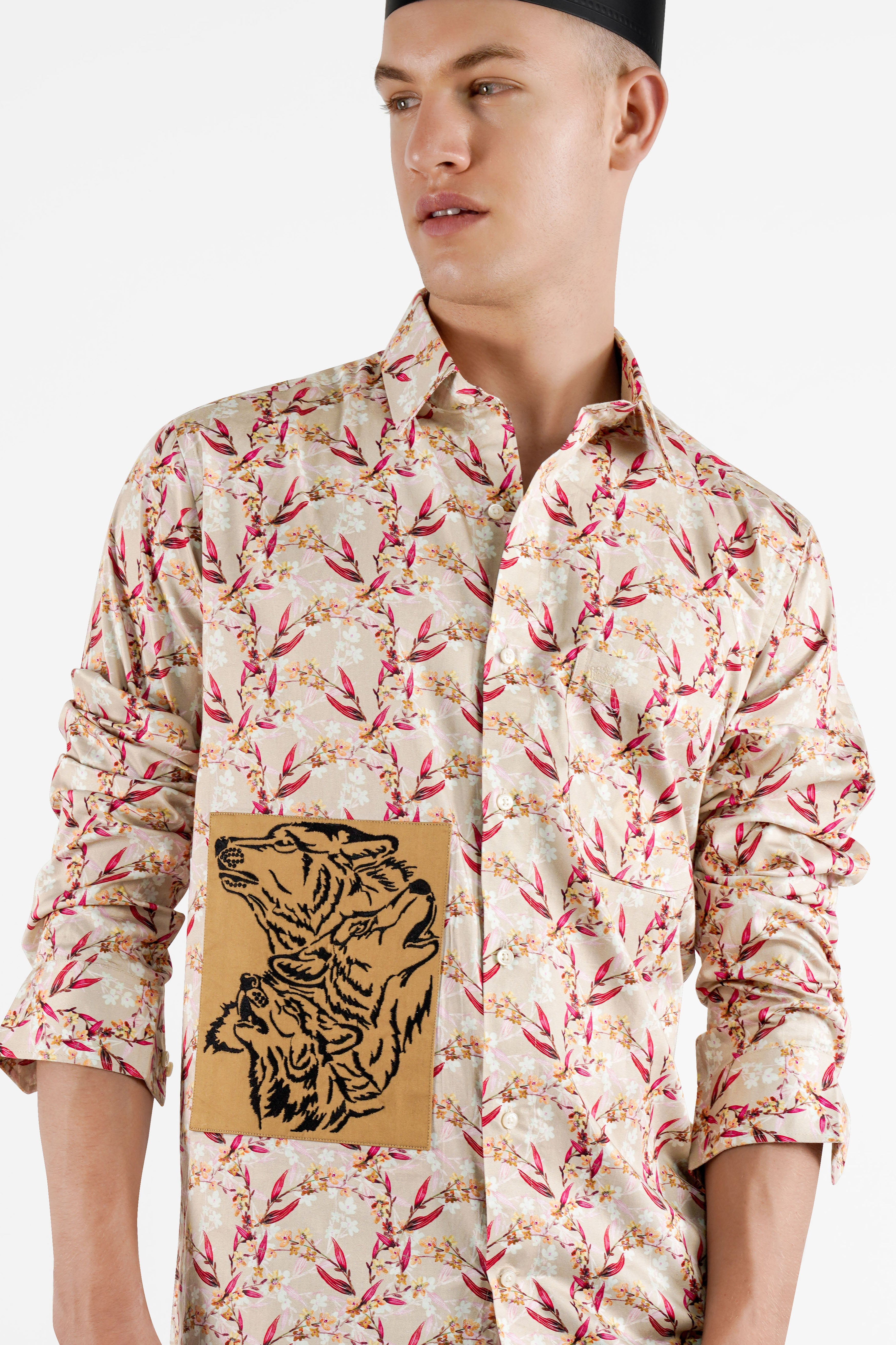 Bone Beige Leaves Printed with Dogs Embroidered Patch Work Super Soft Premium Cotton Designer Shirt