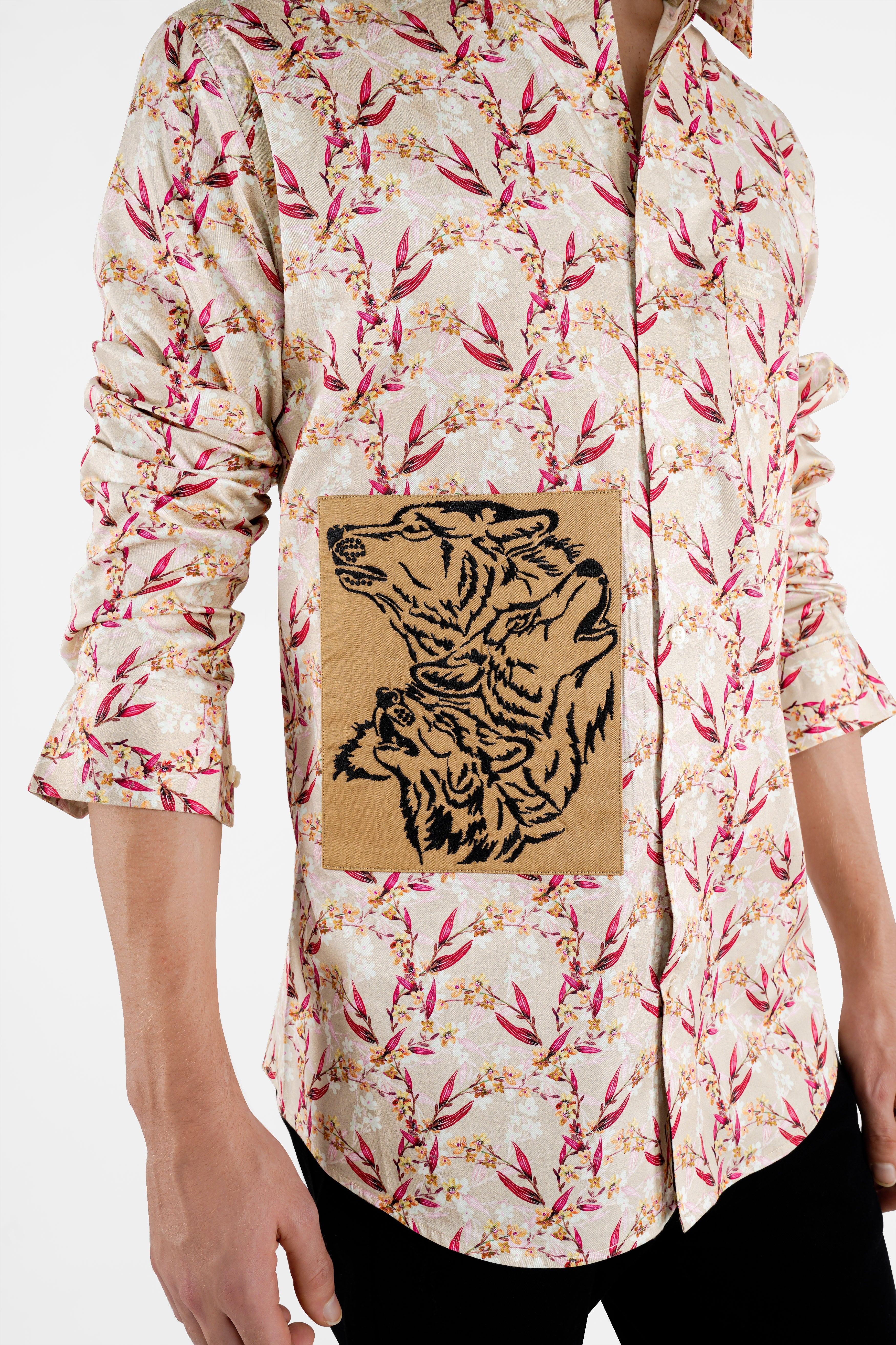 Bone Beige Leaves Printed with Dogs Embroidered Patch Work Super Soft Premium Cotton Designer Shirt