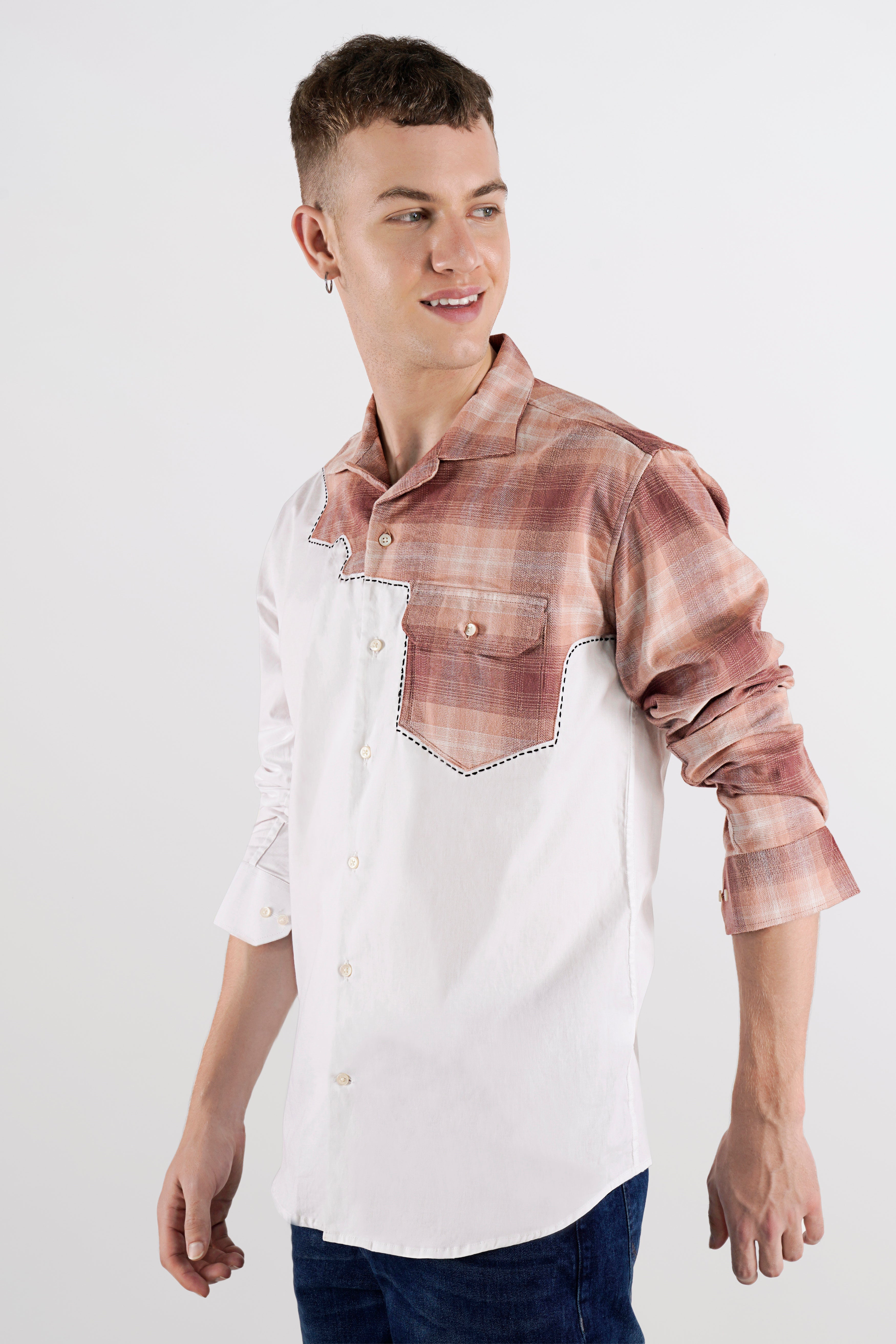 Bright White with Bizarre Brown Checkered with Hand Stitched Chambray Designer Shirt