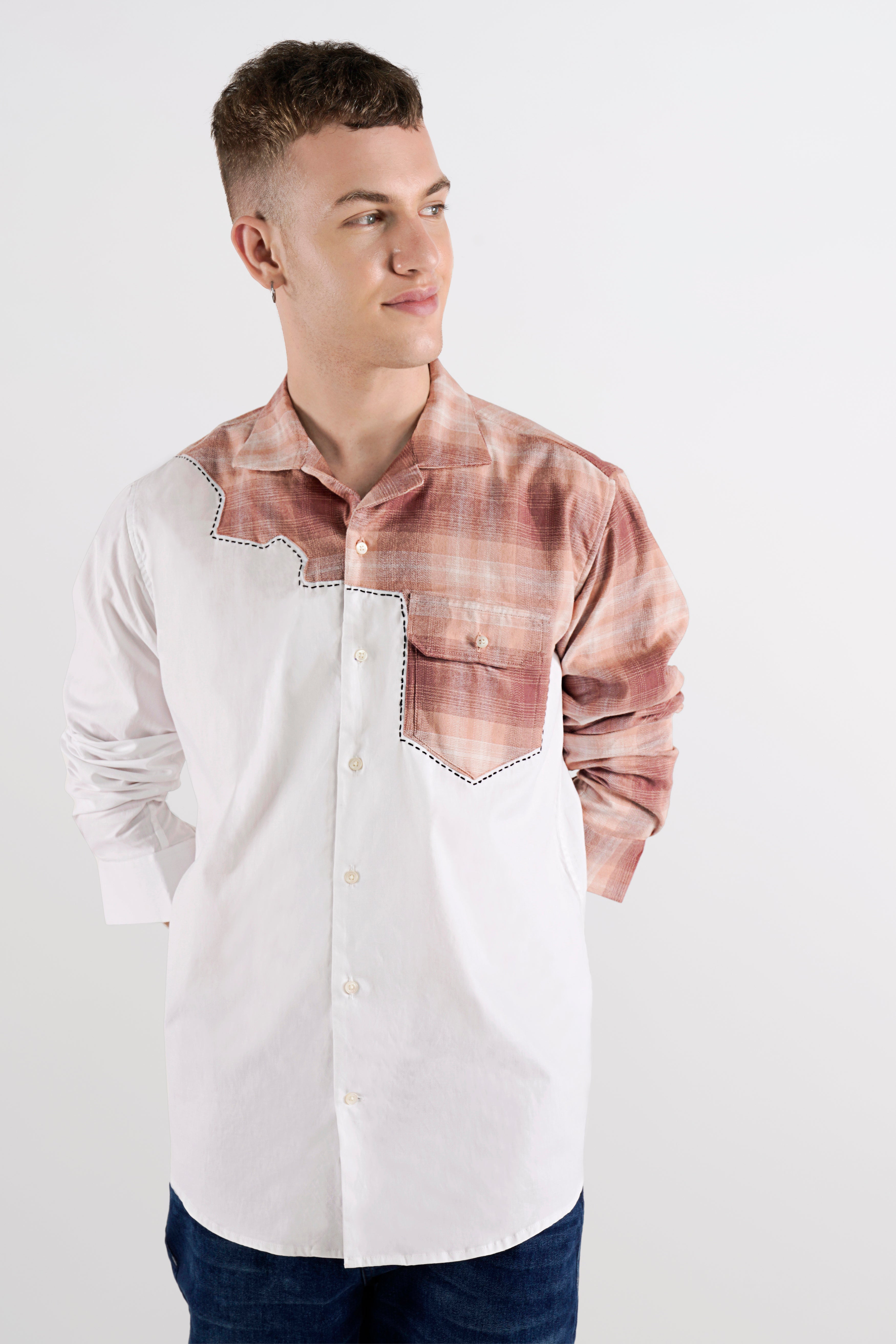 Bright White with Bizarre Brown Checkered with Hand Stitched Chambray Designer Shirt