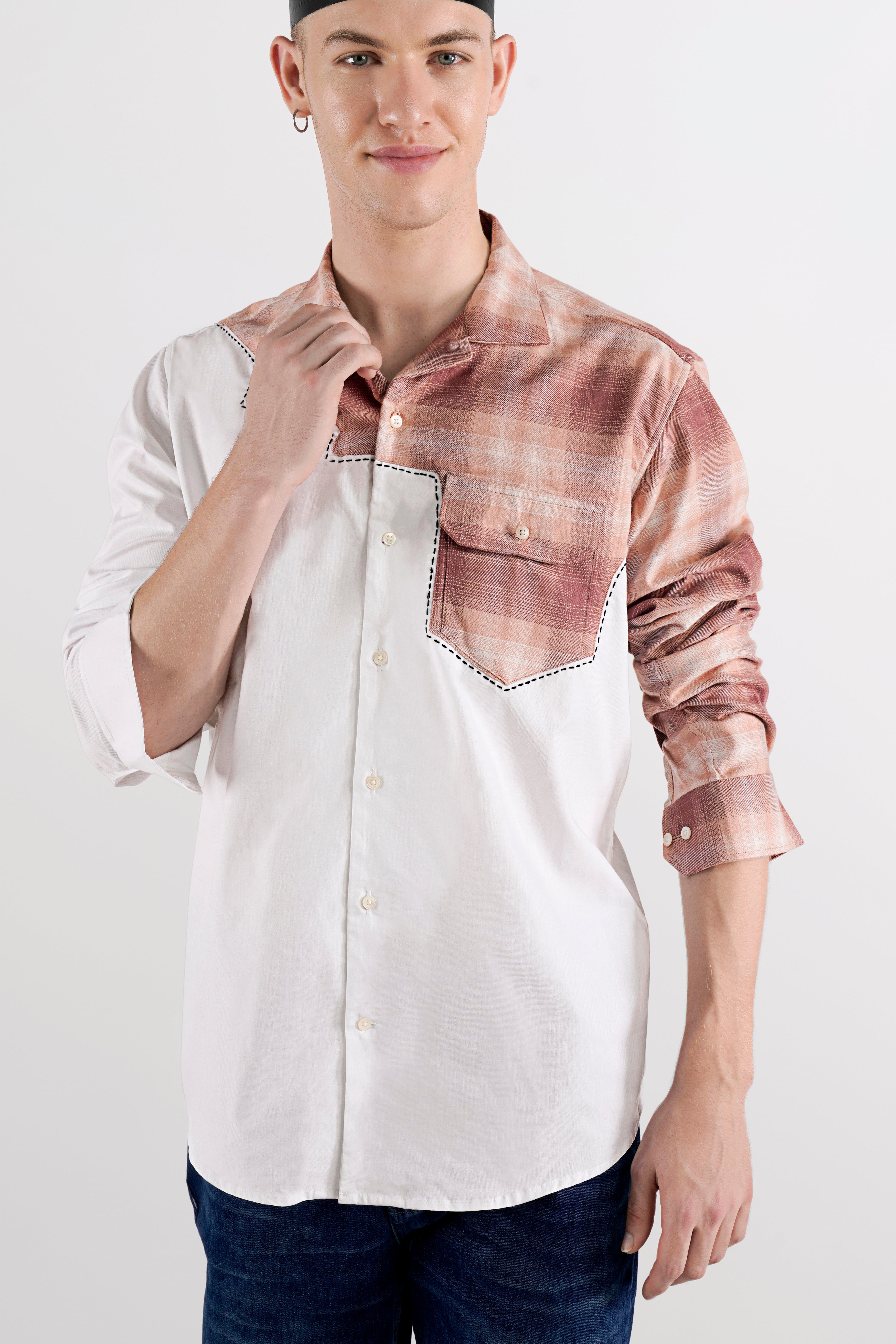 Bright White with Bizarre Brown Checkered with Hand Stitched Chambray Designer Shirt